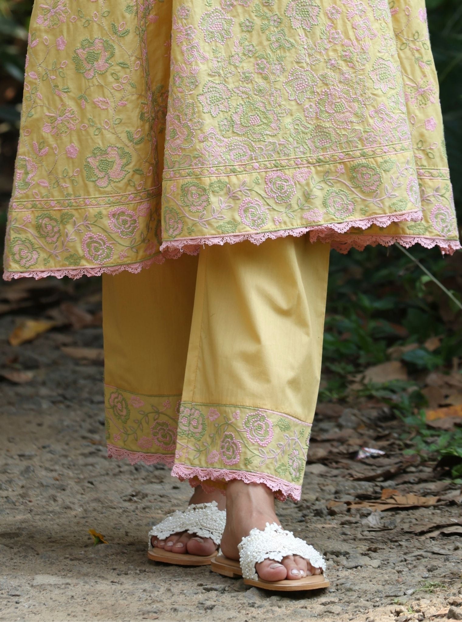 Mulmul Cotton Aavya Yellow Anarkali Kurta With Mulmul Cotton Aavya Yellow Pant