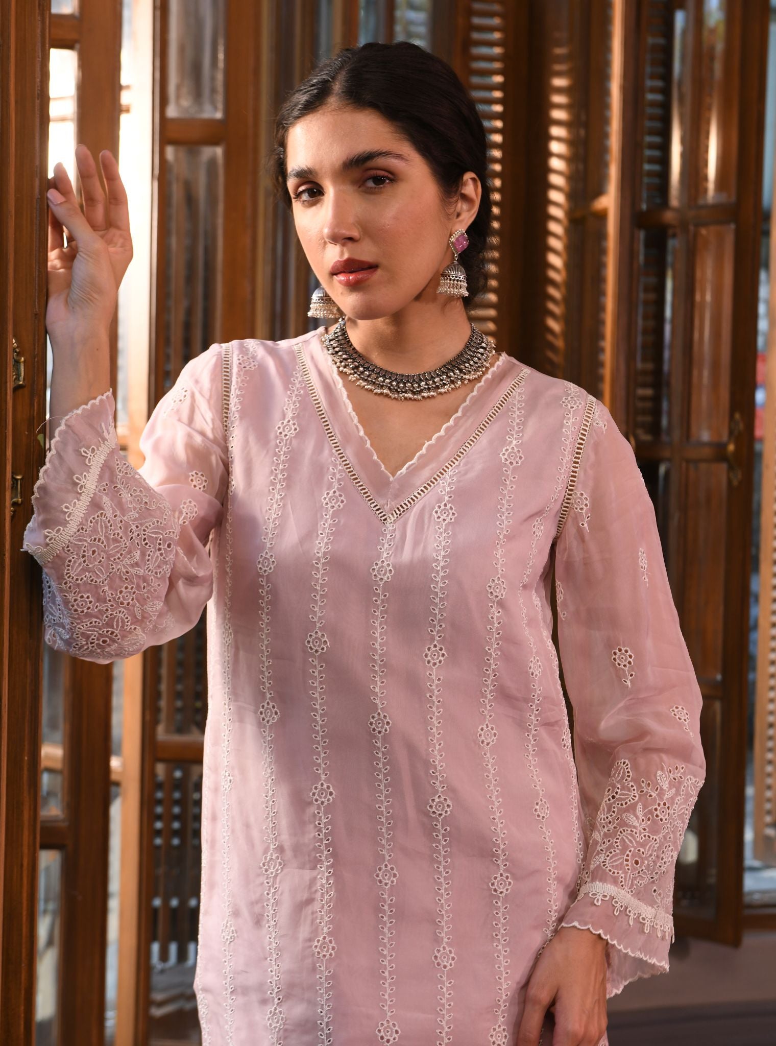 Mulmul Organza Parisa Dusty Pink Kurta With Mulmul Cotton Parisa Dusty Pink Pant