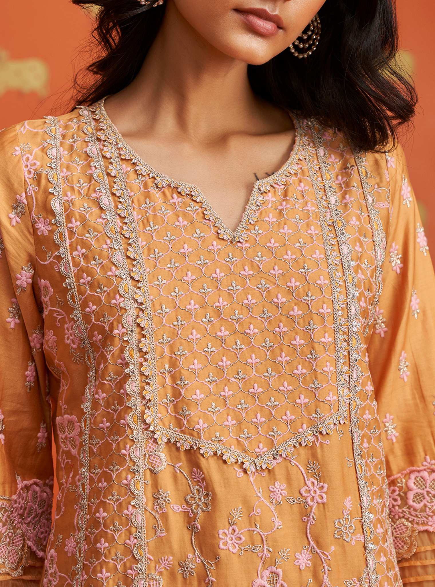 Mulmul Pima Satin Anchali Orange Kurta With Mulmul Pima Satin Anchali Orange Pant