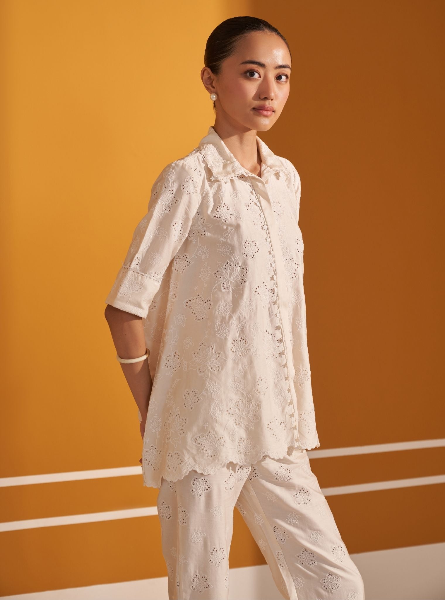 Mulmul Pima Satin Roselyn Off White Shirt with Mulmul Pima Satin Roselyn Off White Pant