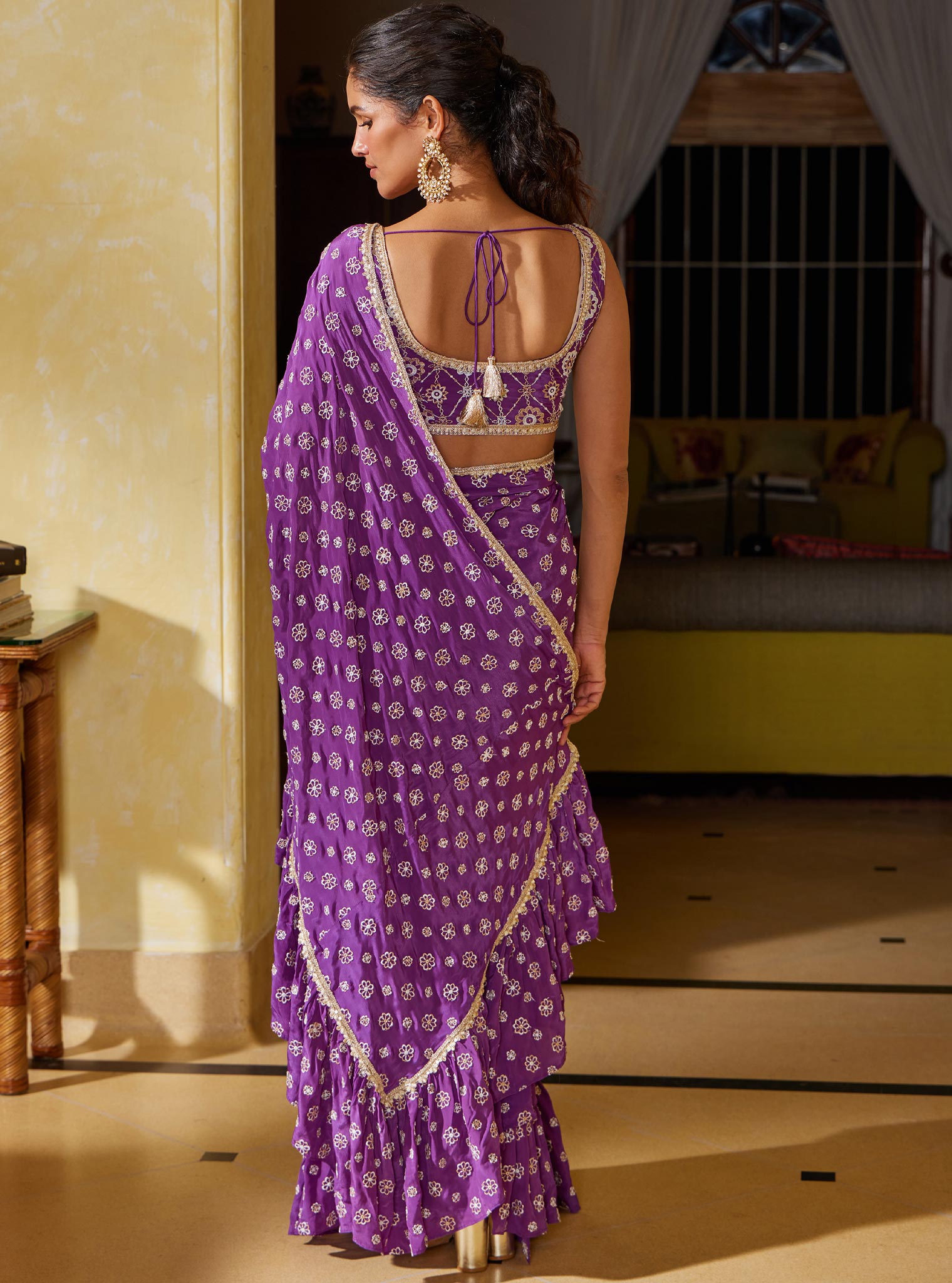 Mulmul Crepe Brahmi Pre-Stitched Purple Saree