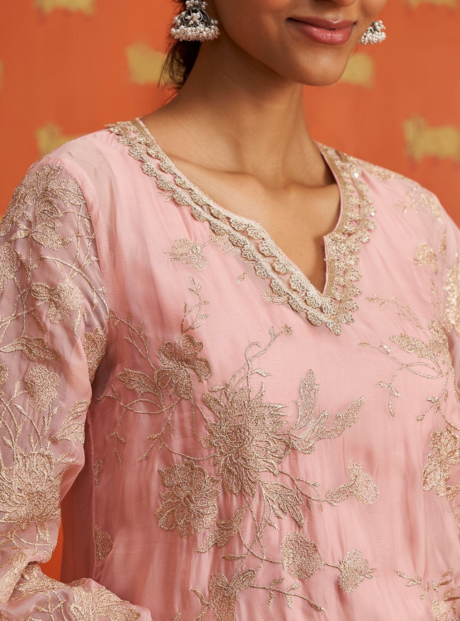 Mulmul Organza Sunee Pink Kurta With Mulmul Cupro Satin Sunee Pink Salwar