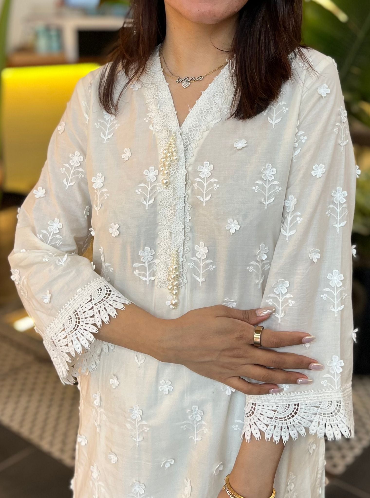 Mulmul Cotton Nelea Off White Kurta With Mulmul Cotton Floral Chemical Lace White Pant