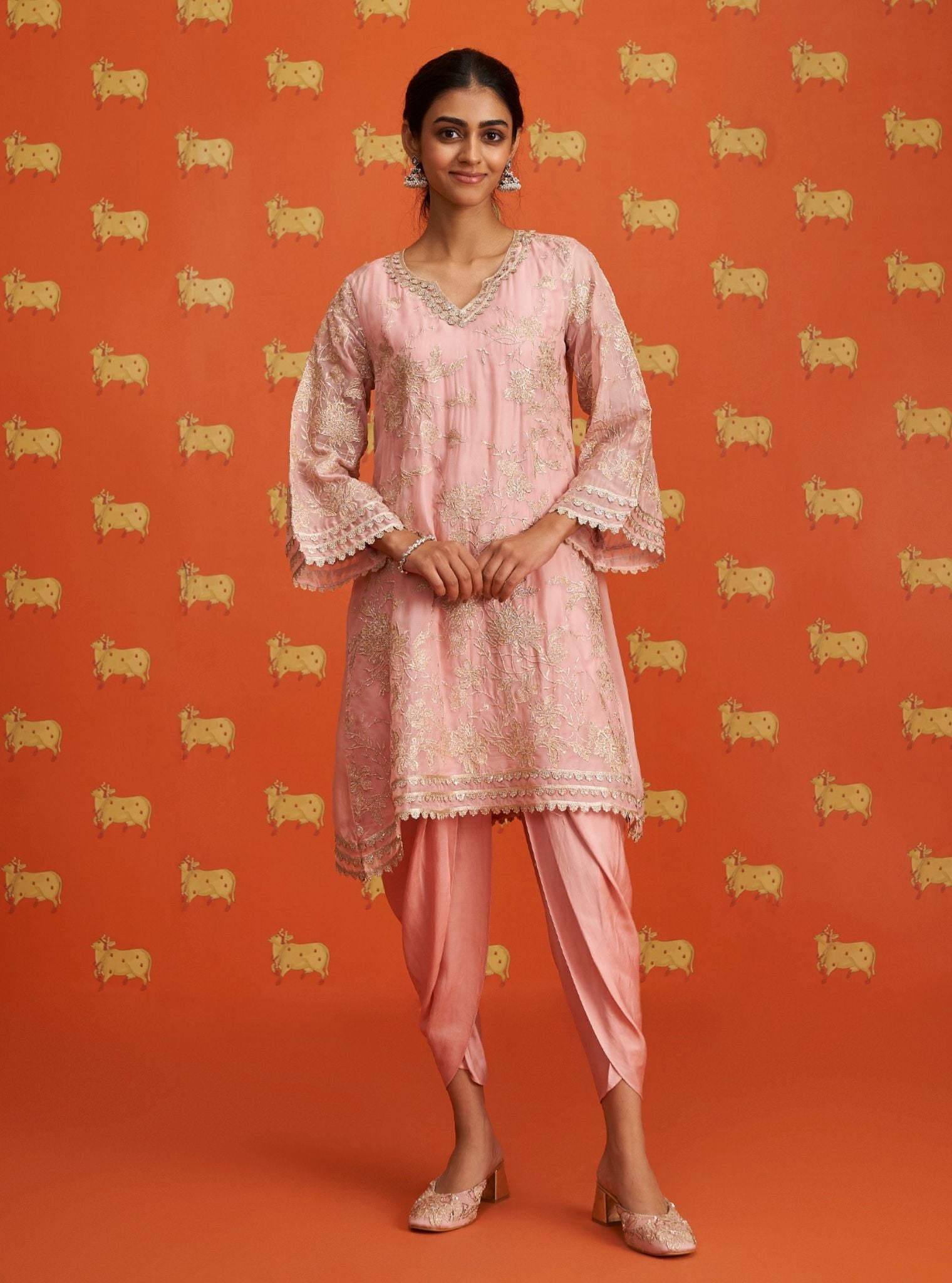 Mulmul Organza Sunee Pink Kurta With Mulmul Cupro Satin Sunee Pink Salwar