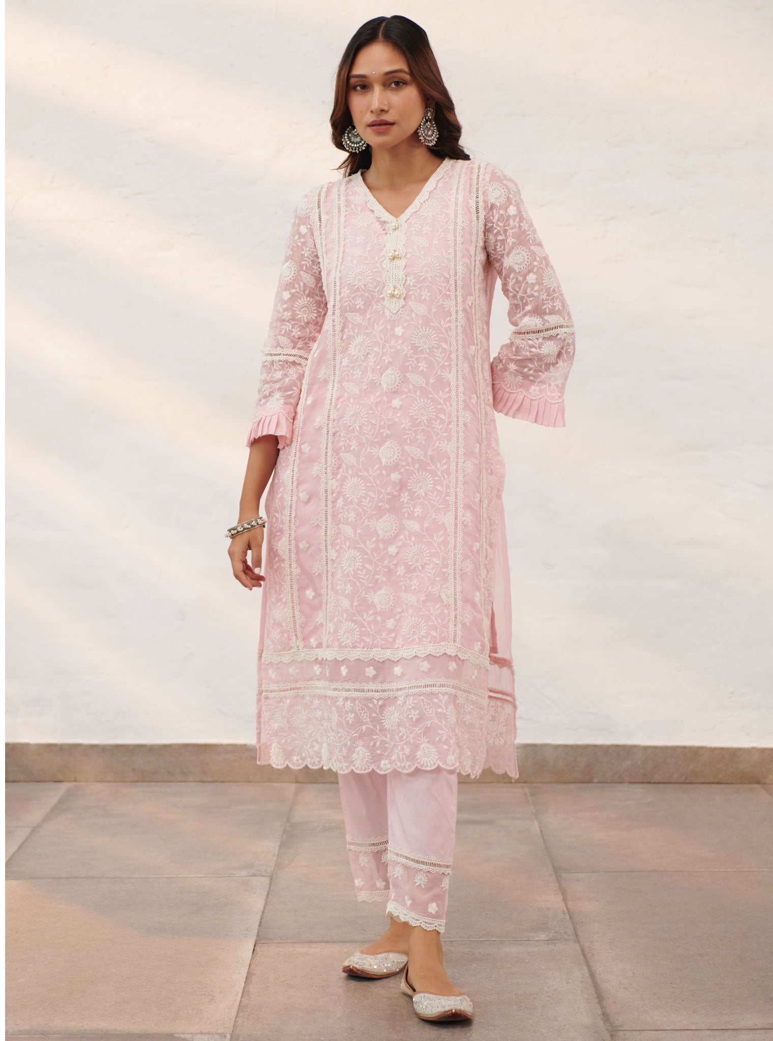 Mulmul Organza Dorset Pink Kurta With Cotton Dorset Pink Pant