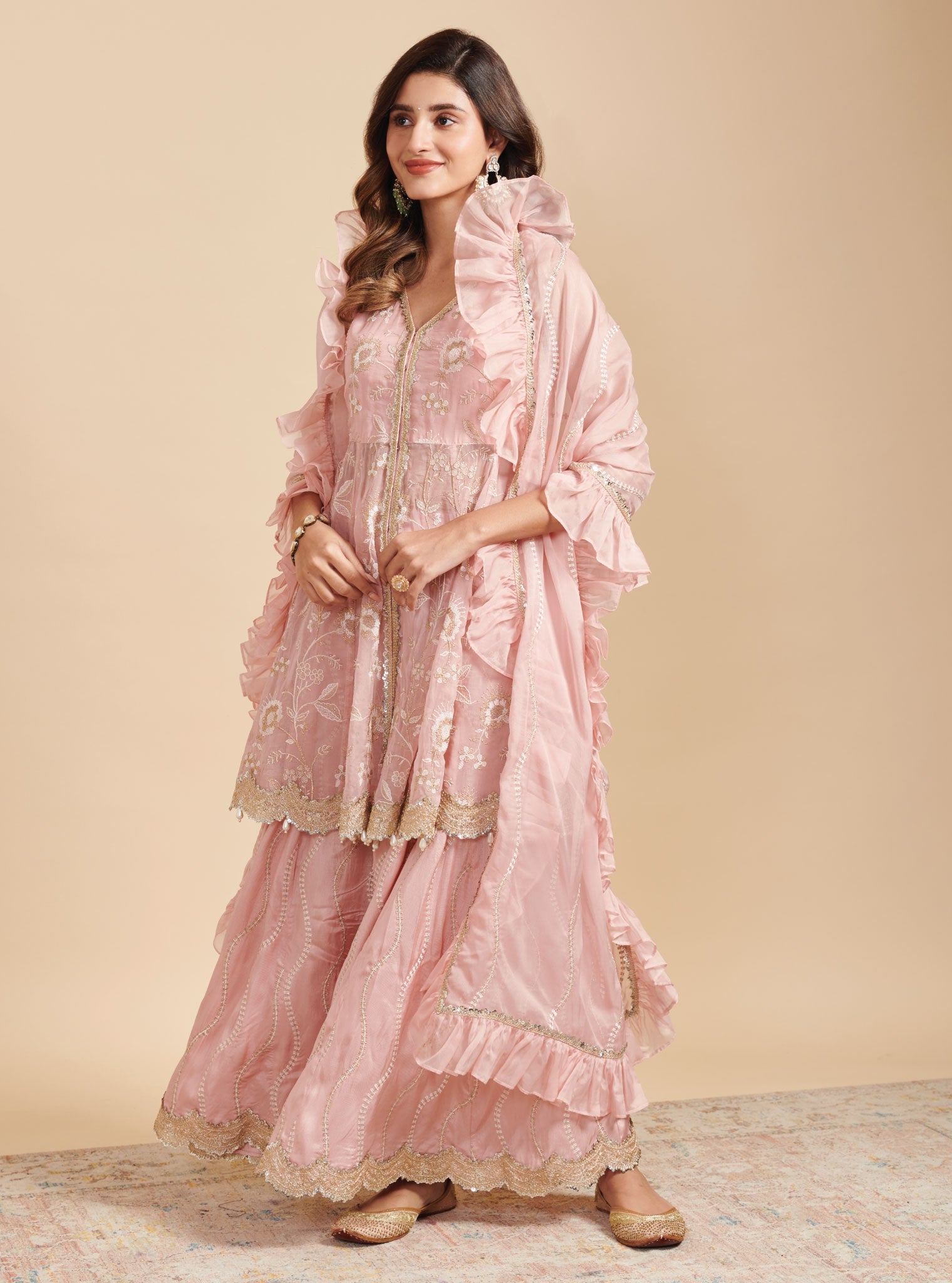 Mulmul Organza Lashkara Pink Short Anarkali Kurta With Mulmul Silk Lashkara Pink Sharara