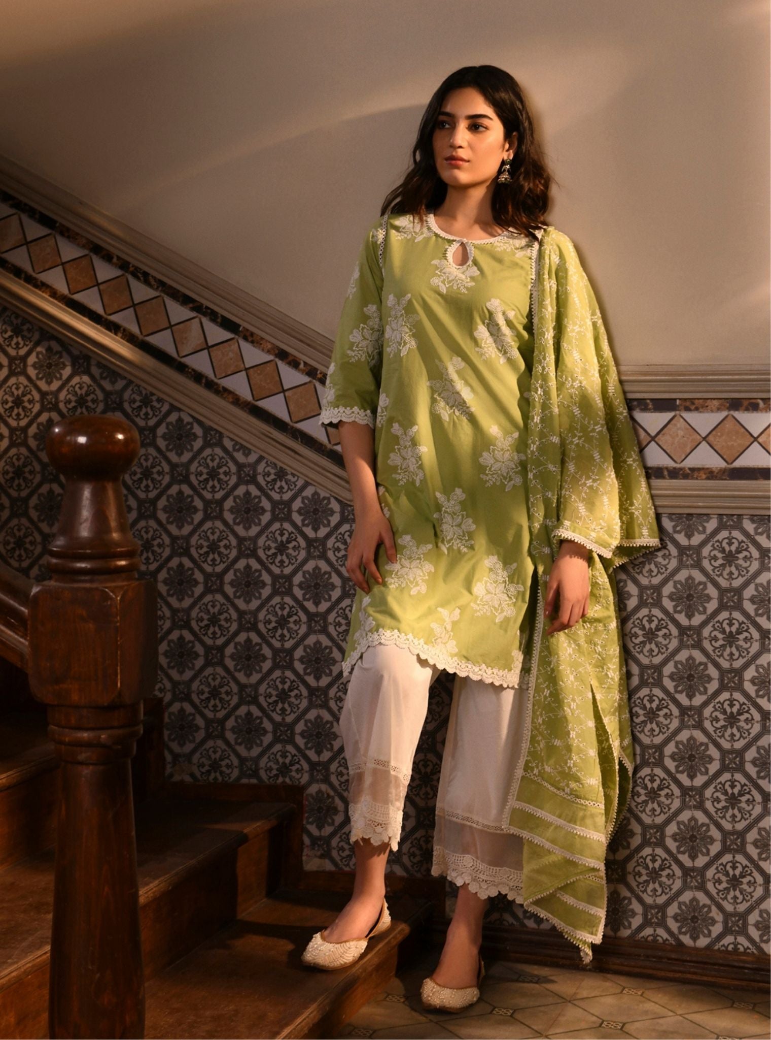 Mulmul Cotton Ayda Light Green Kurta With Mulmul Cotton Floral Lace Flared White Pant