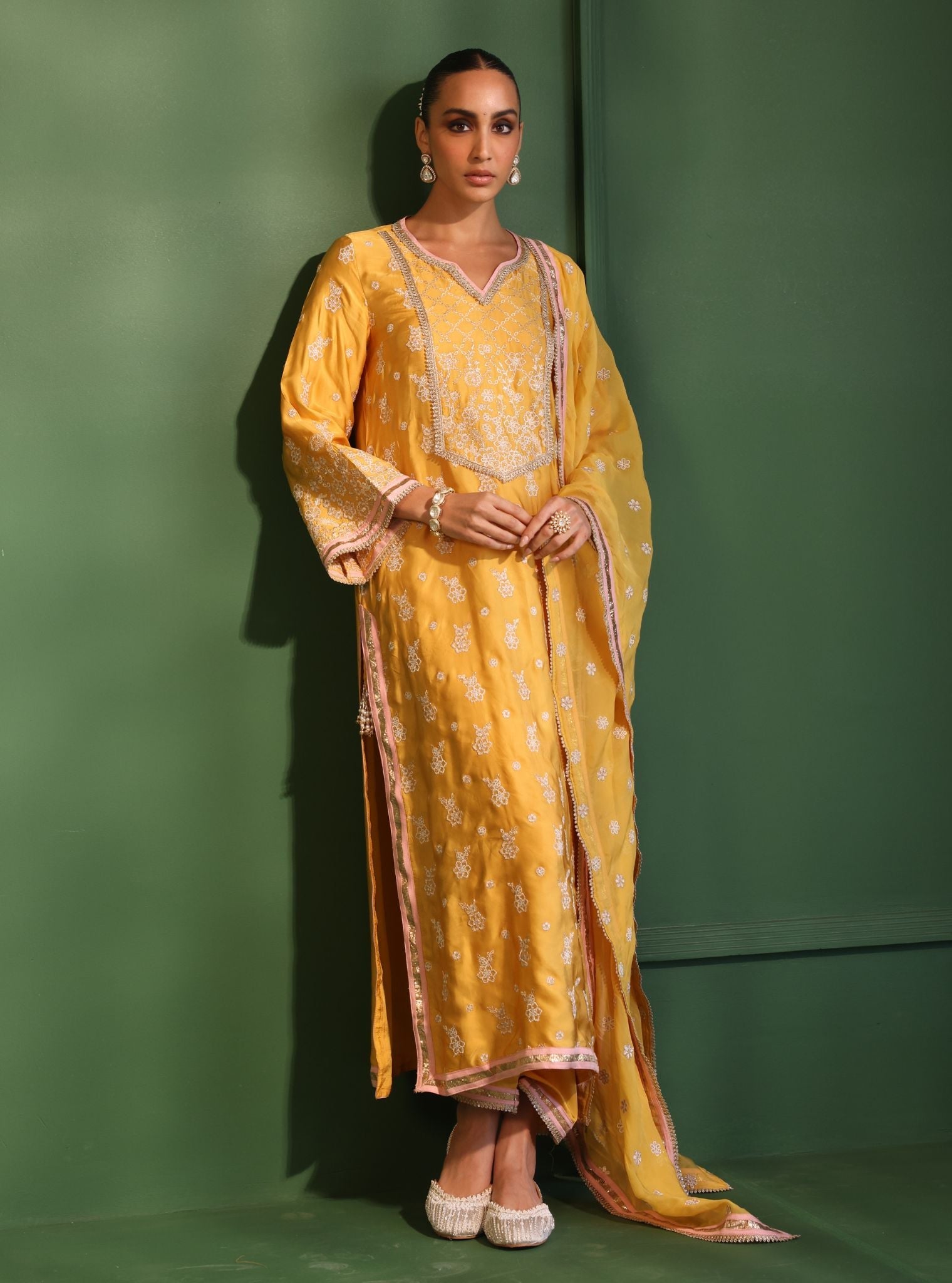 Mulmul Cupro Satin Nazakat Yellow kurta With Mulmul Cupro Satin Nazakat Yellow Pant