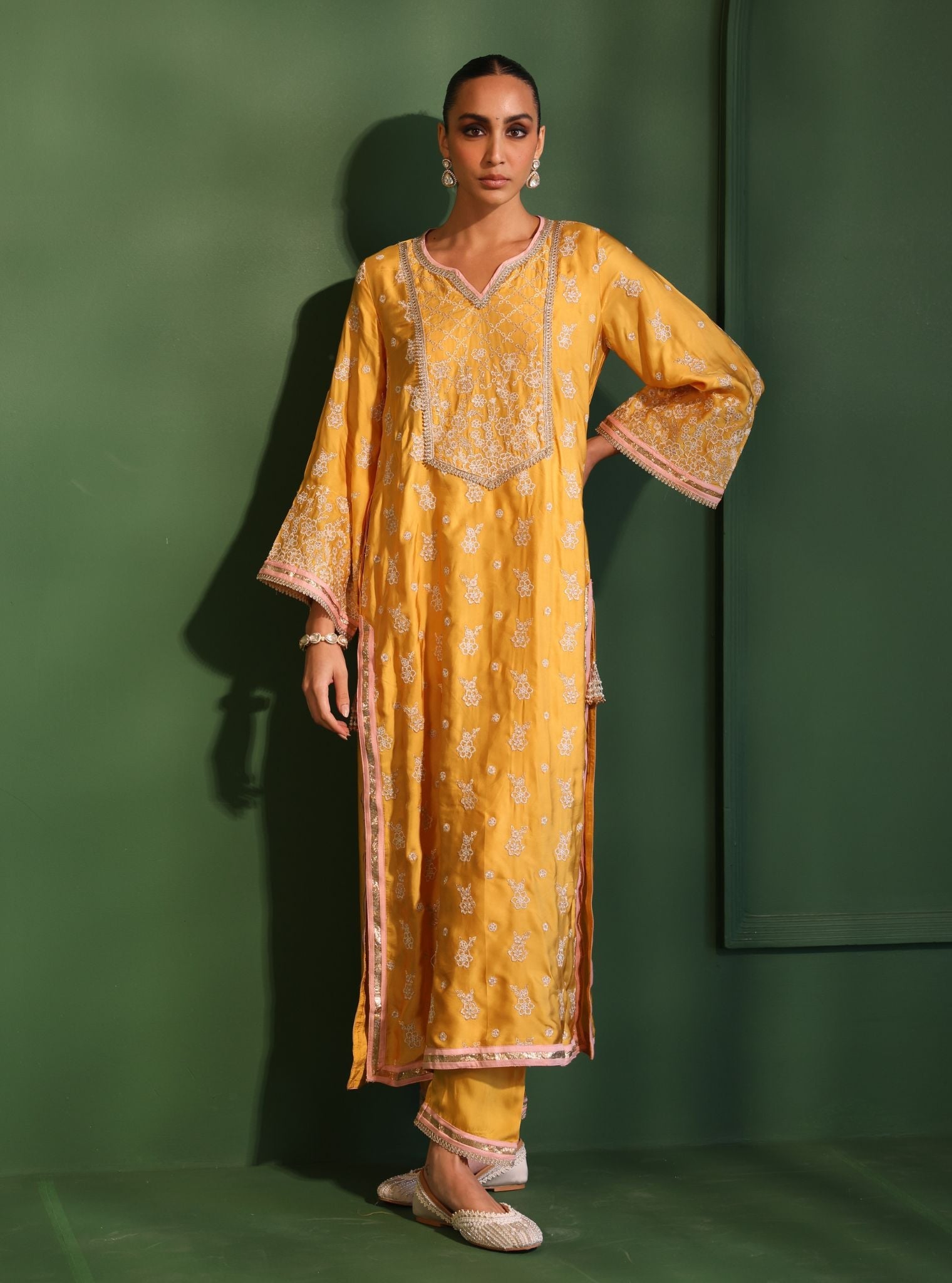 Mulmul Cupro Satin Nazakat Yellow kurta With Mulmul Cupro Satin Nazakat Yellow Pant