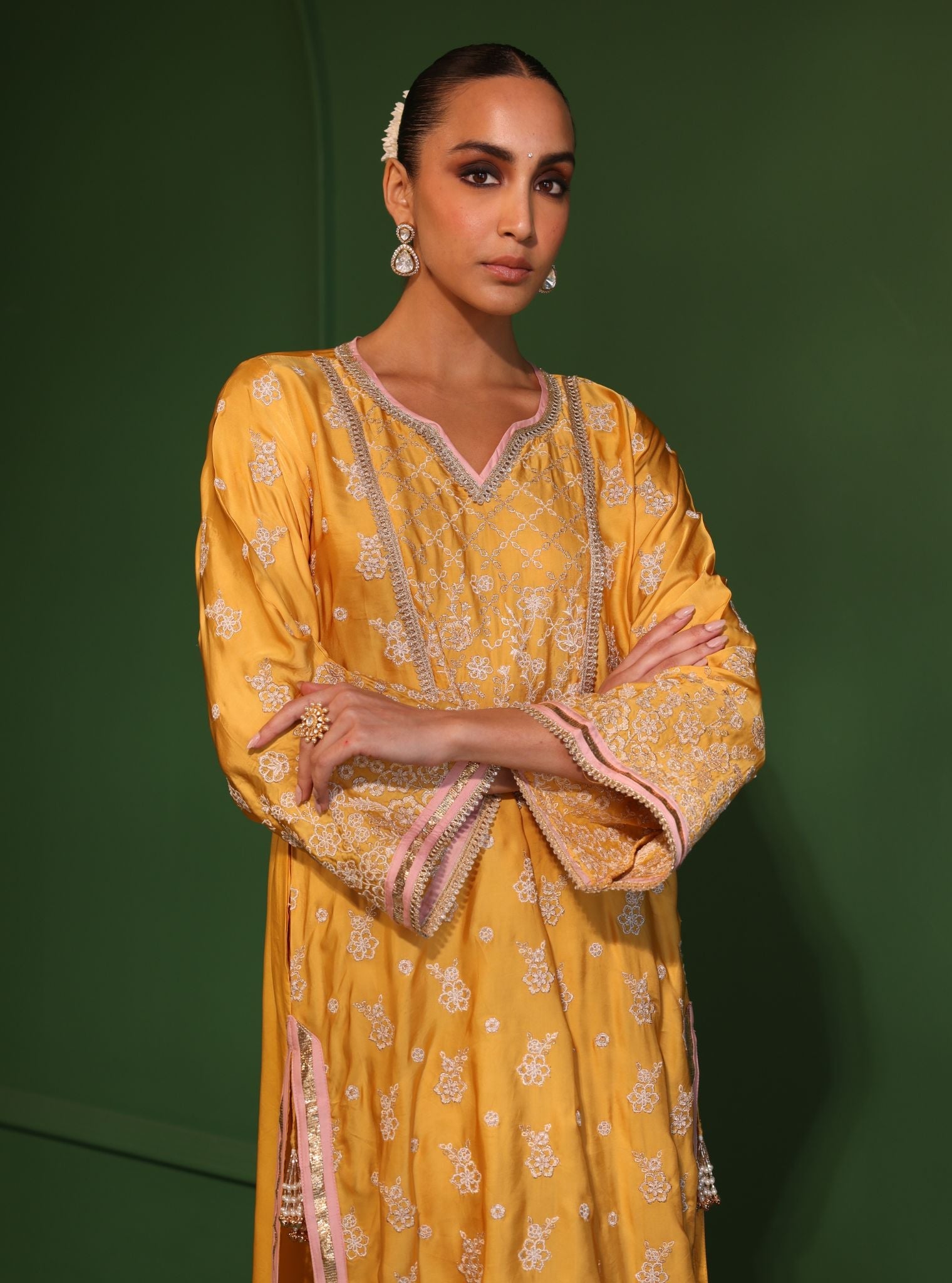 Mulmul Cupro Satin Nazakat Yellow kurta With Mulmul Cupro Satin Nazakat Yellow Pant