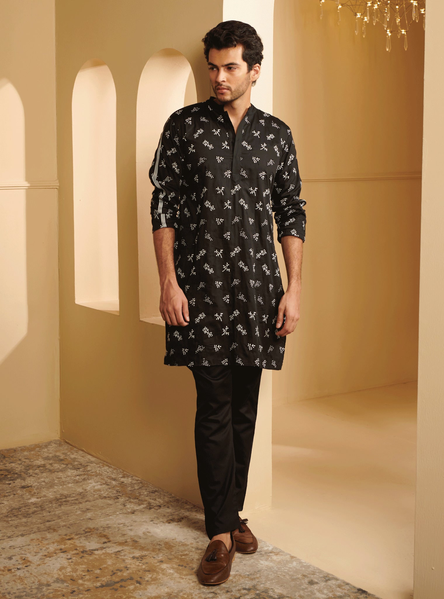 Mulmul Pima Satin Elio Black Kurta With Elio Black Pyajama