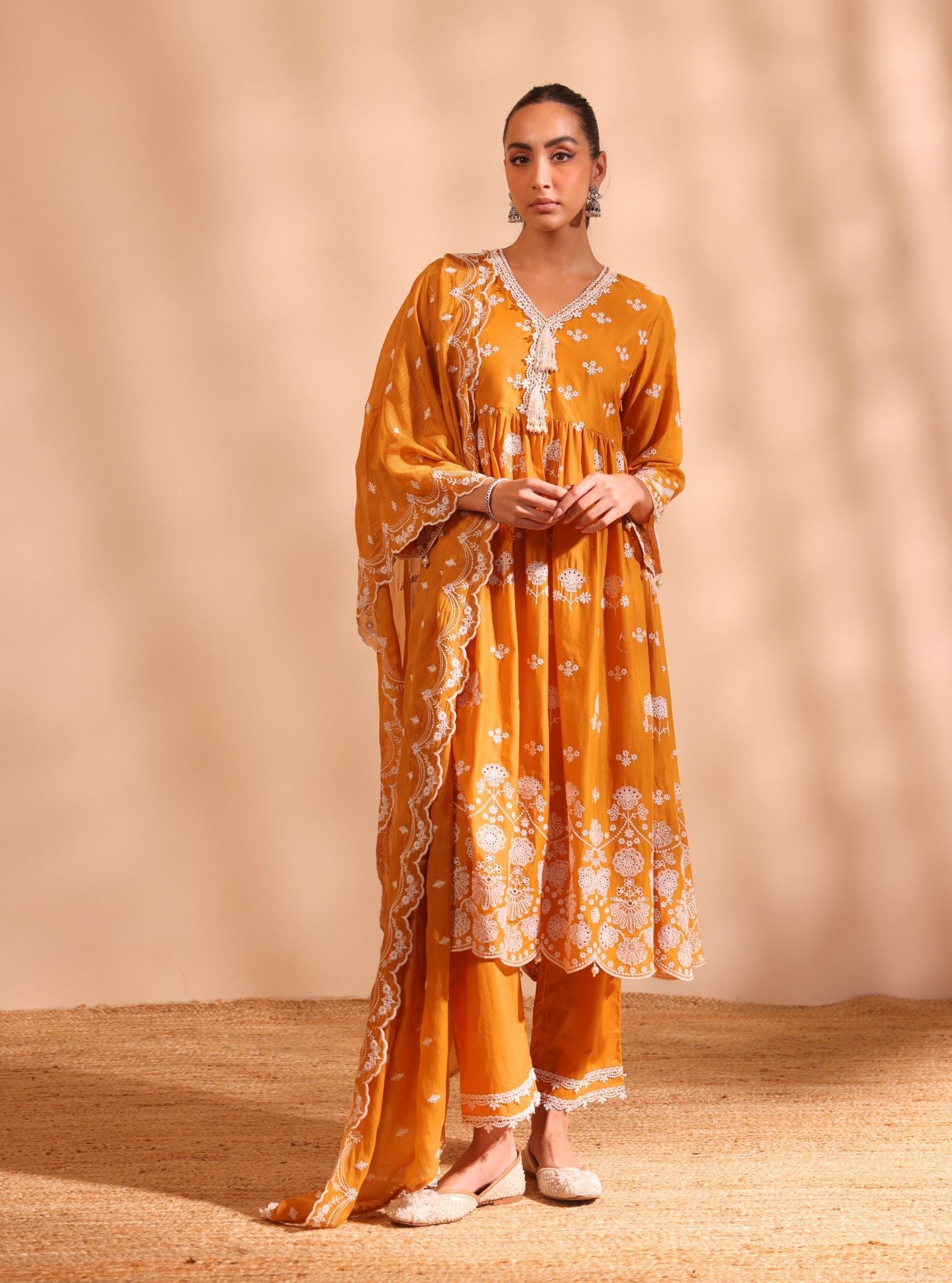 Mulmul Cotton Nilan Orange Kurta With Mulmul Cotton Nilan Orange Pant