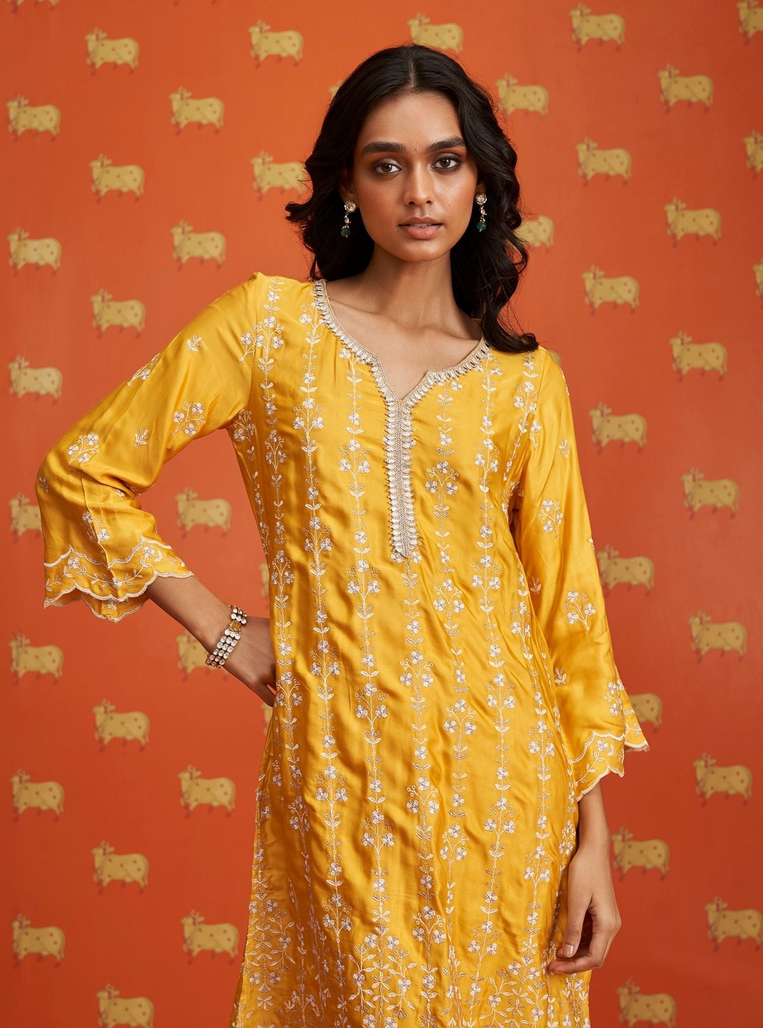 Mulmul Cupro Satin Tasanee Yellow Kurta With Mulmul Cupro Satin Tasanee Yellow Pant