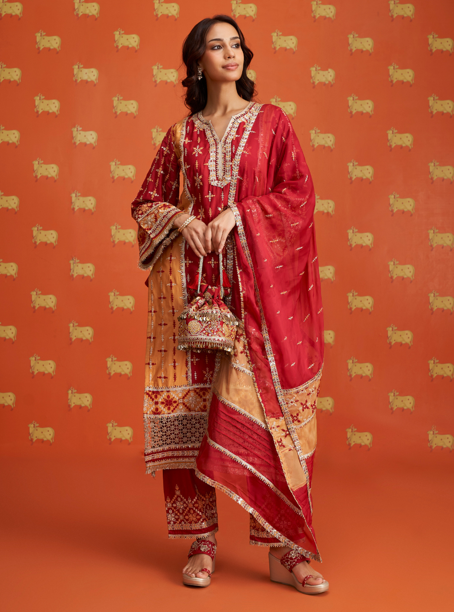 Mulmul Pima Satin Anya Red Kurta With Mulmul Pima Satin Anya Red Pant