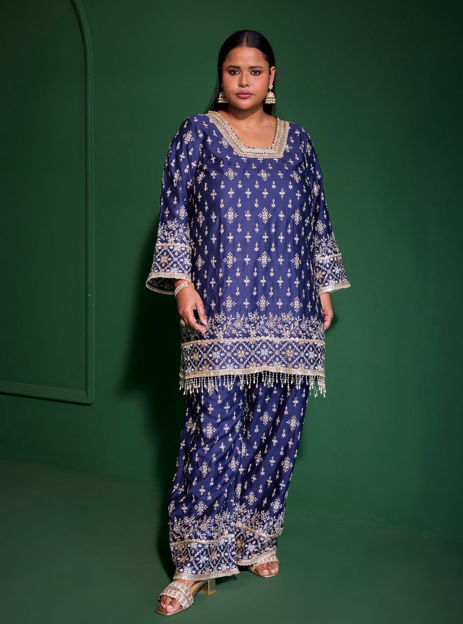 Mulmul Pima Satin Kalander Navy Kurta With Mulmul Pima Satin Kalander Navy Pant