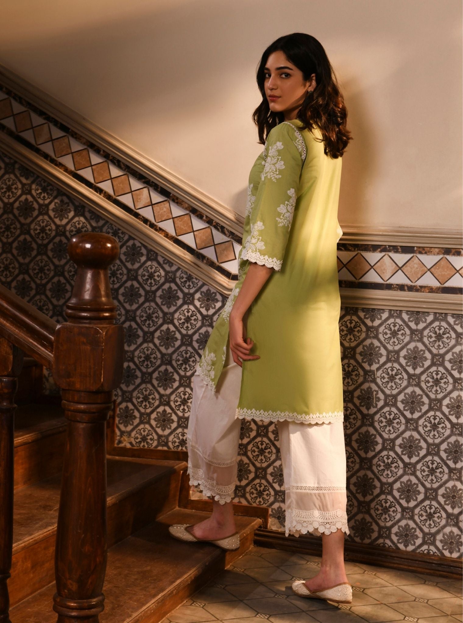 Mulmul Cotton Ayda Light Green Kurta With Mulmul Cotton Floral Lace Flared White Pant