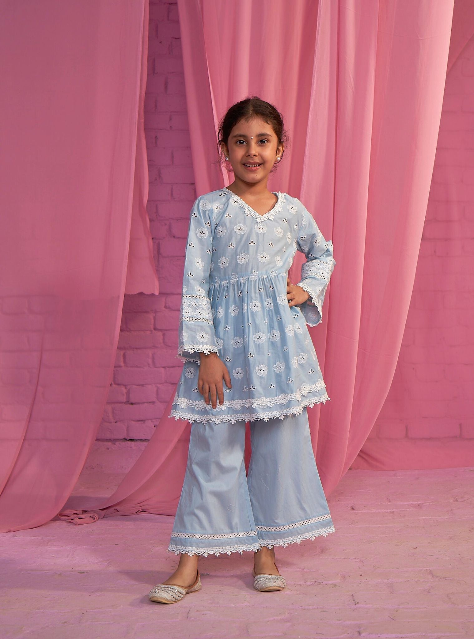 Mulmul Cotton Dwi Light Blue Kurta With Mulmul Cotton Dwi Light Blue Pant