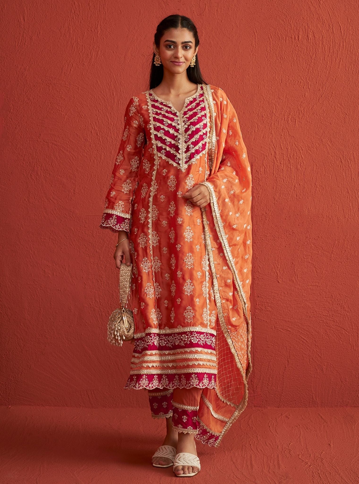 Mulmul Organza Satin Shubh Burnt Orange Kurta With Mulmul Pima Satin Shubh Burnt Orange Pant