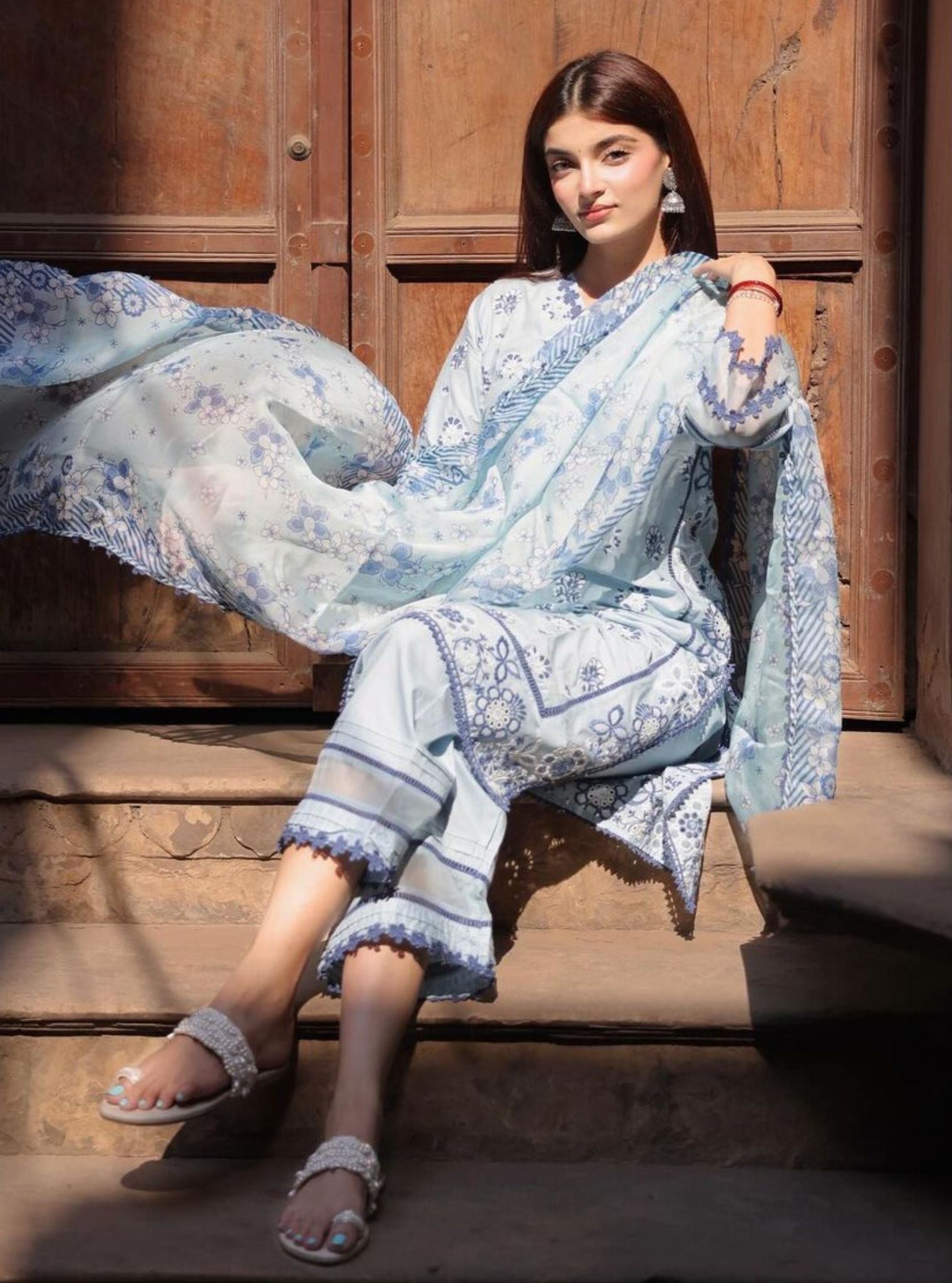 Mulmul Cotton Banu Light Blue Kurta With Mulmul Cotton Banu Light Blue Pant