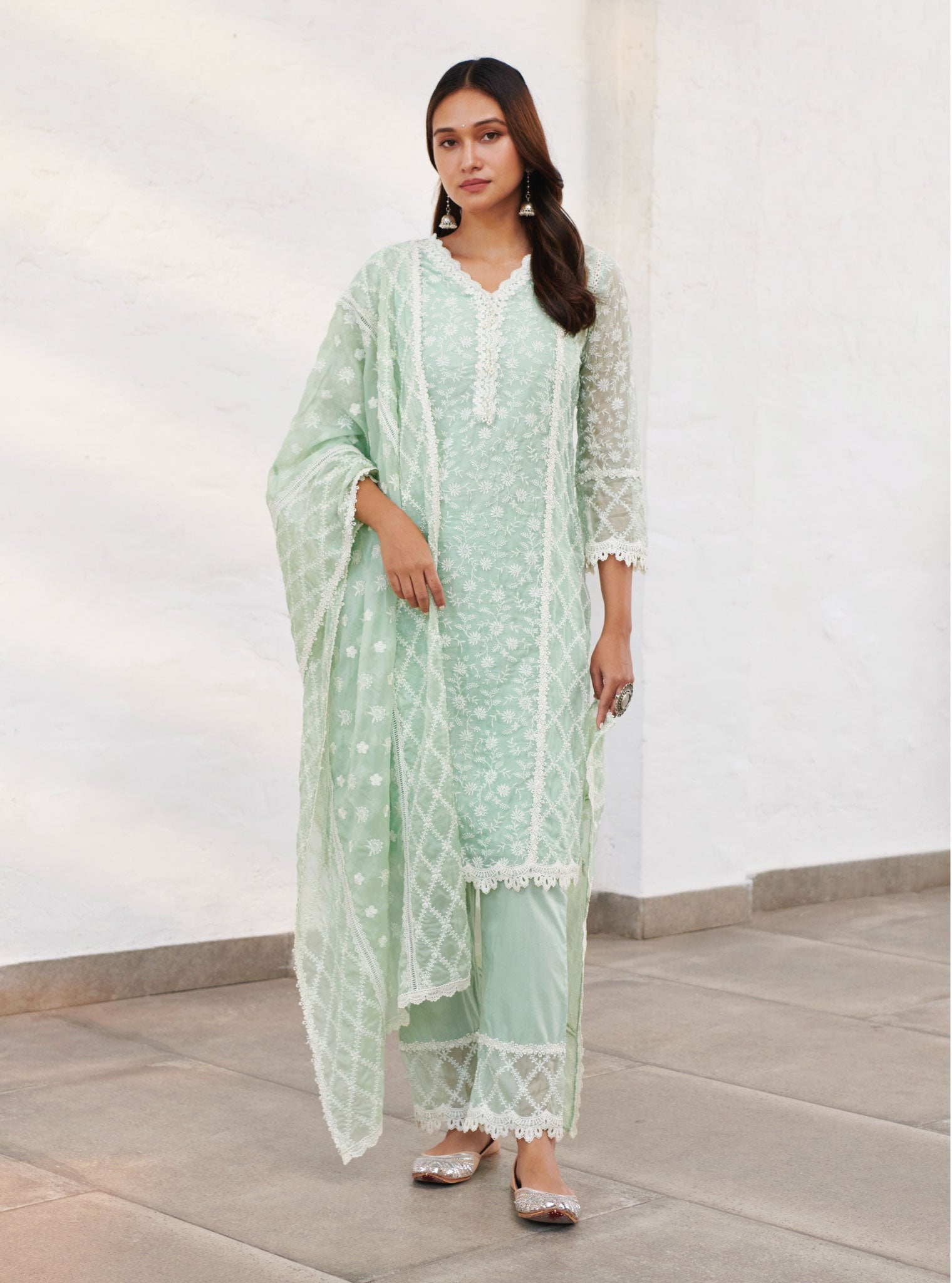 Mulmul Organza Sunderland Green Kurta With Cotton Sunderland Green Pant