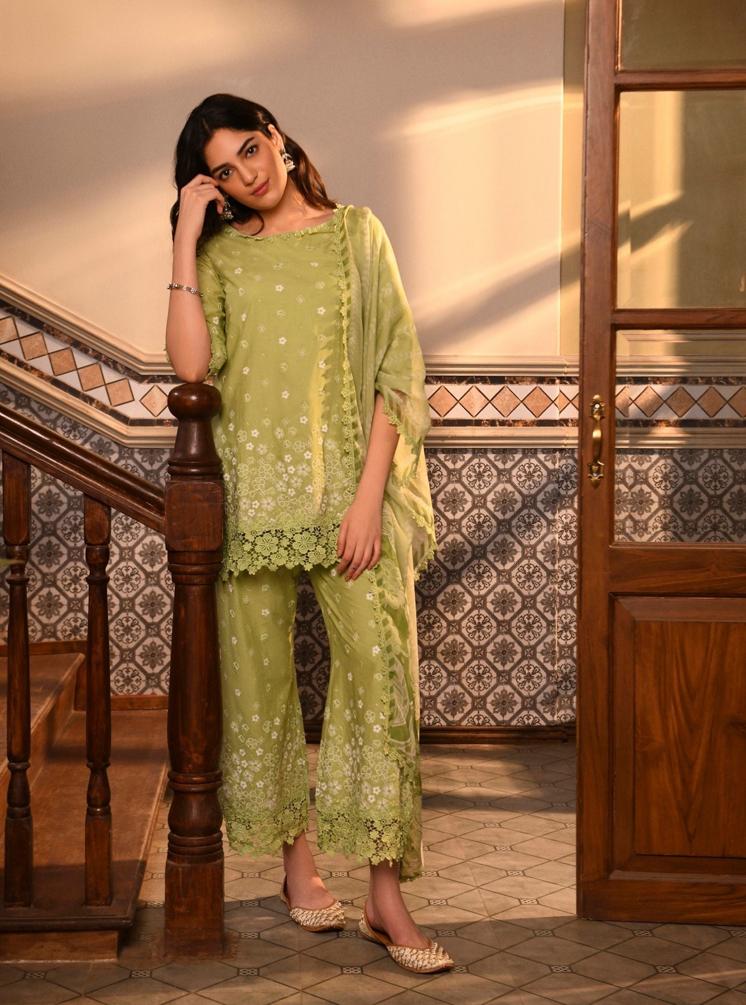 Mulmul Cotton Amiya Light Green Kurta With Mulmul Cotton Amiya Light Green Pant