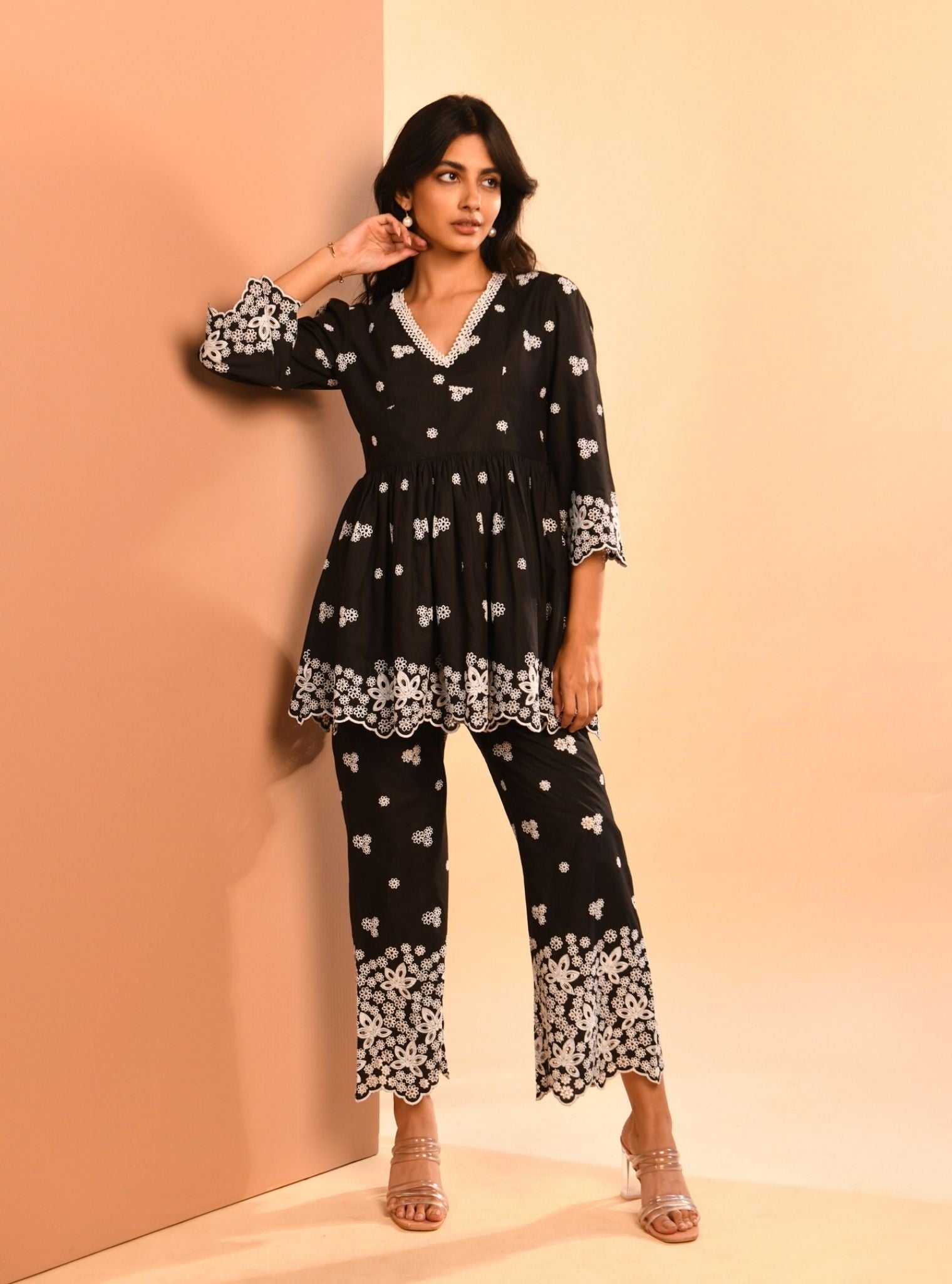 Mulmul Cotton Ayn Black Top With Mulmul Cotton Ayn Black Pant