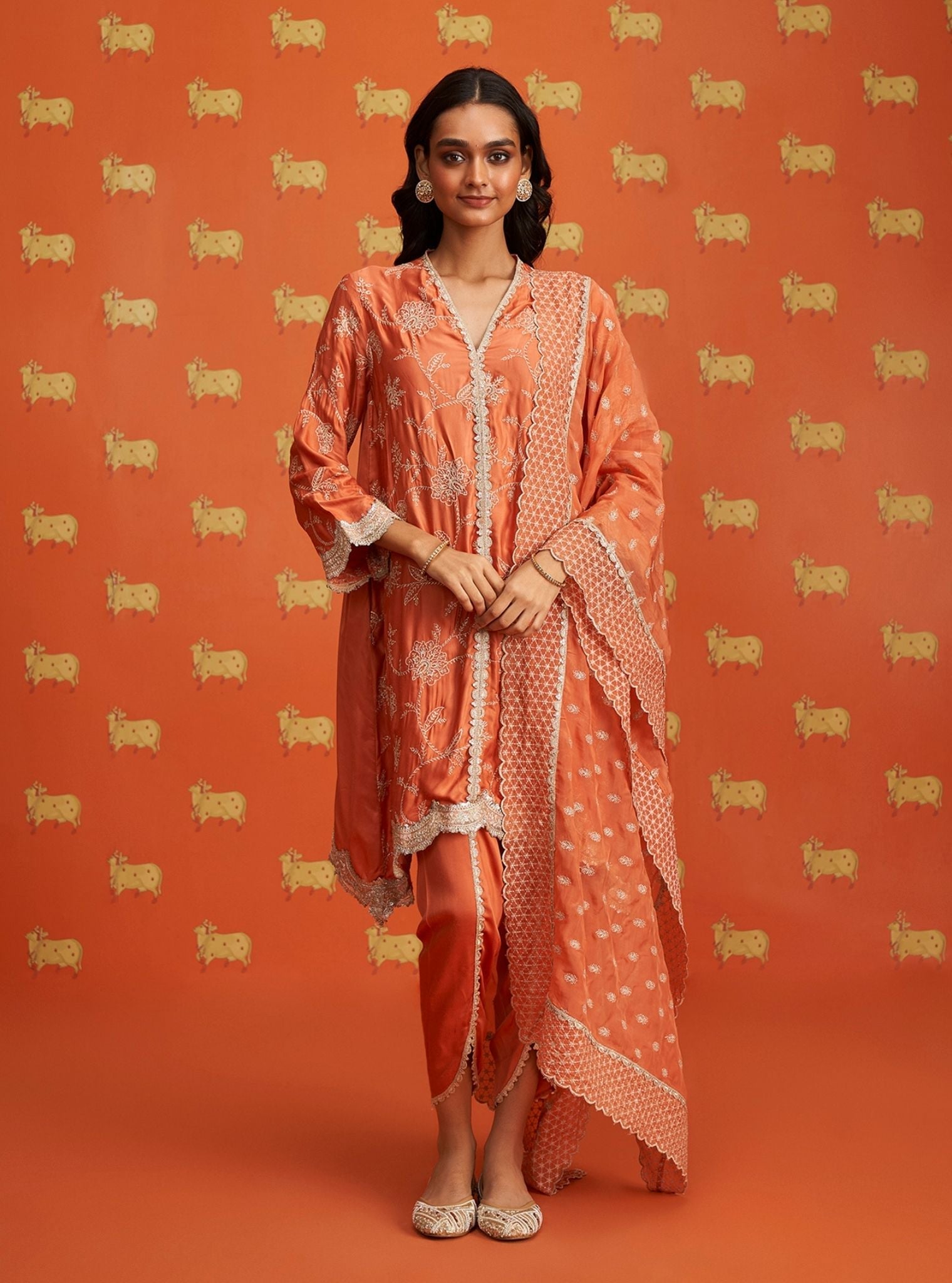 Mulmul Cupro Satin Yihwa Burnt Orange Kurta With Mulmul Cupro Satin Yihwa Burnt Orange Dhoti Pant