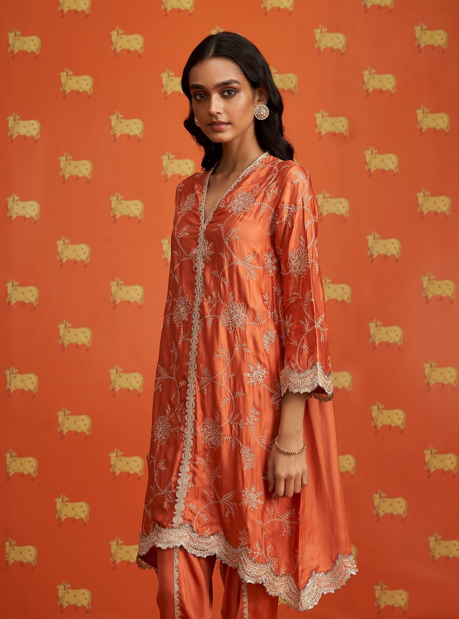 Mulmul Cupro Satin Yihwa Burnt Orange Kurta With Mulmul Cupro Satin Yihwa Burnt Orange Dhoti Pant