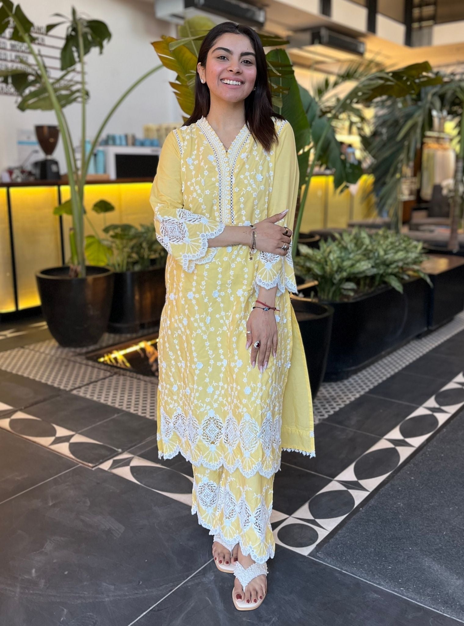 Mulmul Cotton Purna Yellow Kurta With Purna Yellow Palazzo