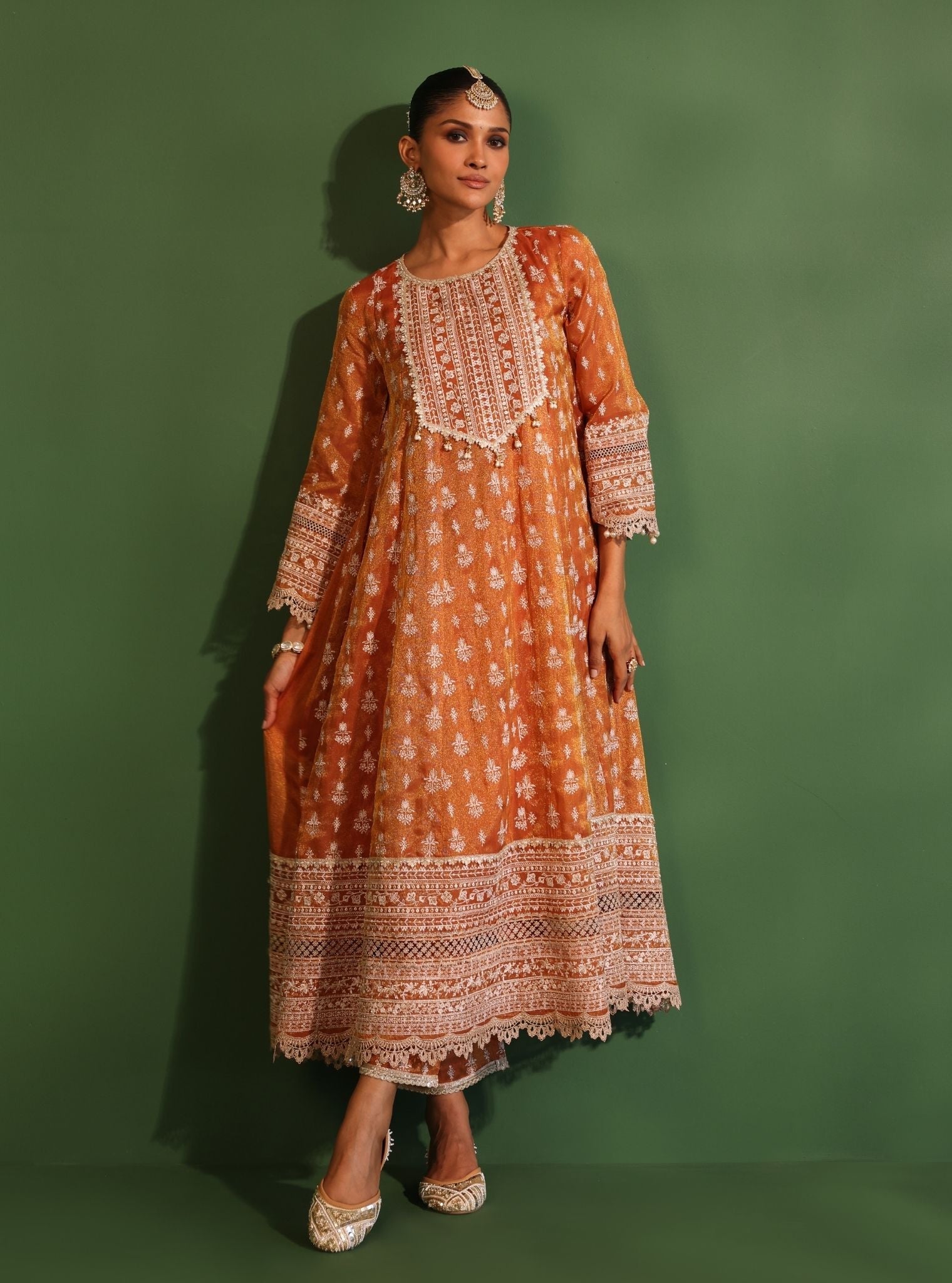 Mulmul Luxe Organza Jalwa Orange Anarkali Kurta With Mulmul Luxe Organza Jalwa Orange Pant