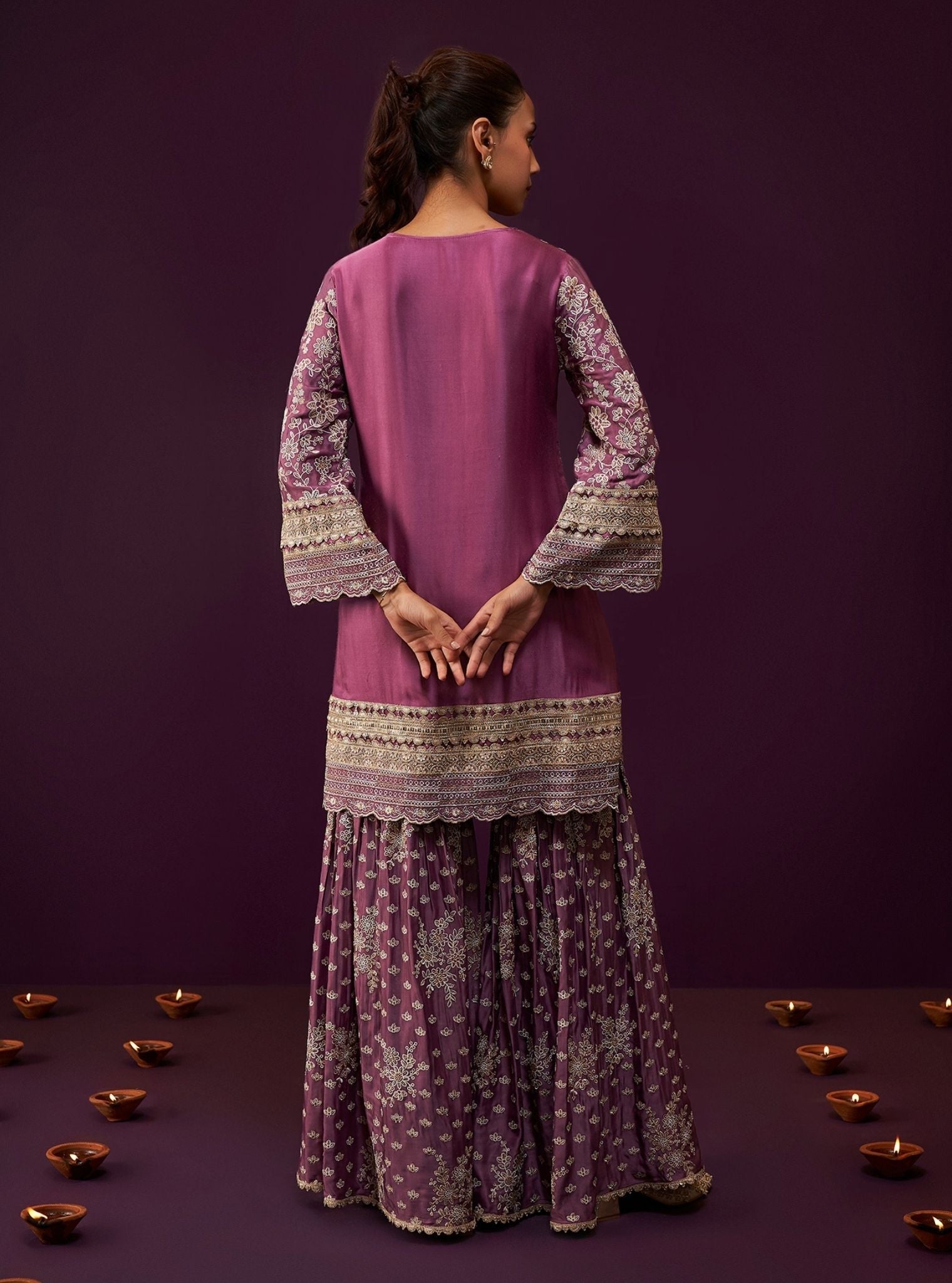 Mulmul Cupro Satin Briar Purple Kurta With Mulmul Cupro Satin Briar Purple Garara