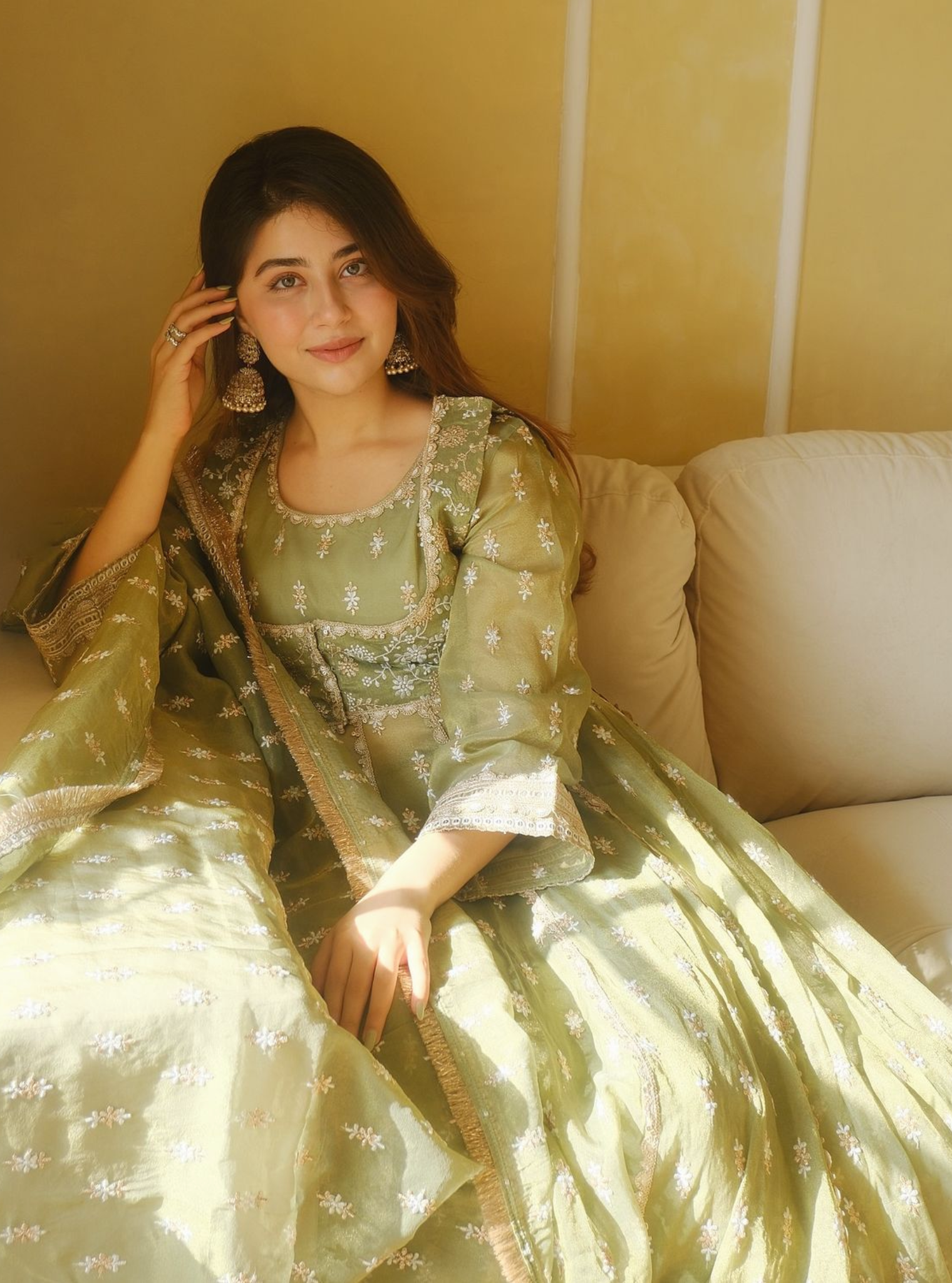 Mulmul Royal Tissue Genda Sage Green Anarkali Kurta With Mulmul Luxe Tissue Genda Sage Green Pant