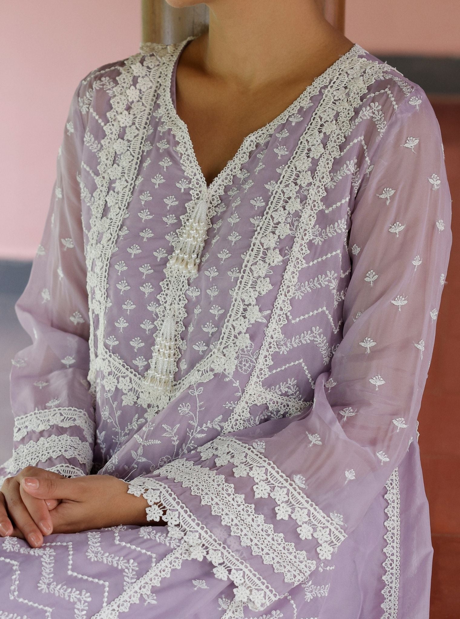 Mulmul Organza Keerth Lavender Anarkali Kurta With Mulmul Cotton Keerth Lavender Pant