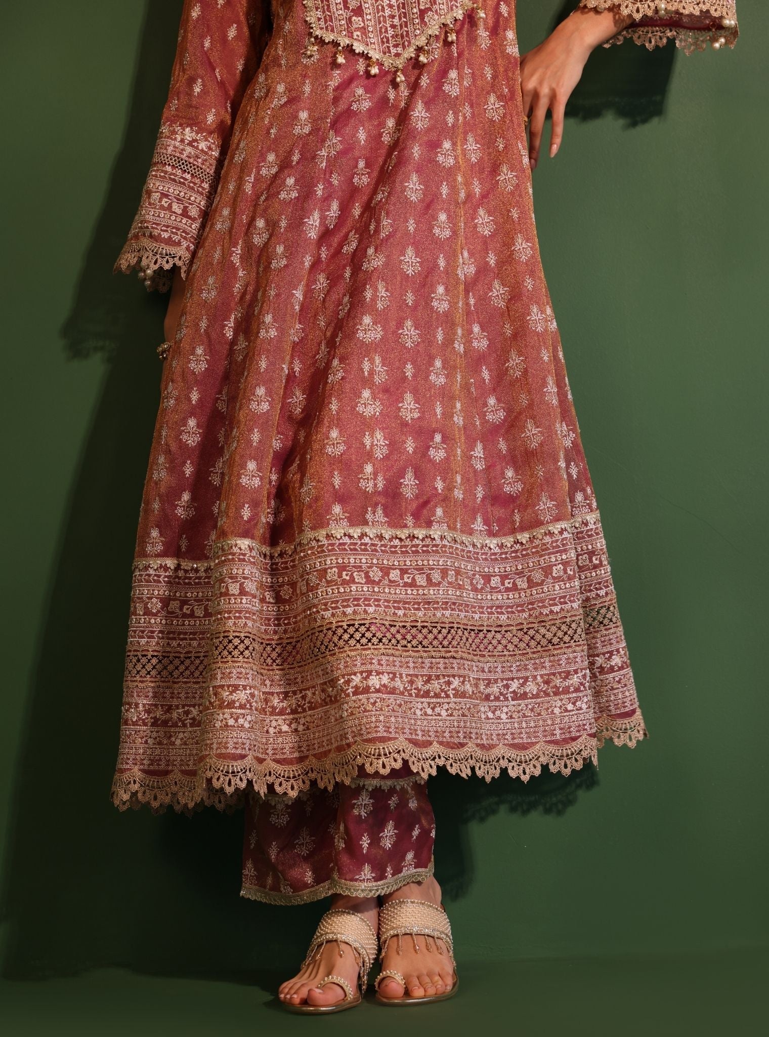 Mulmul Luxe Organza Jalwa Plum Anarkali Kurta With Mulmul Luxe Organza Jalwa Plum Pant