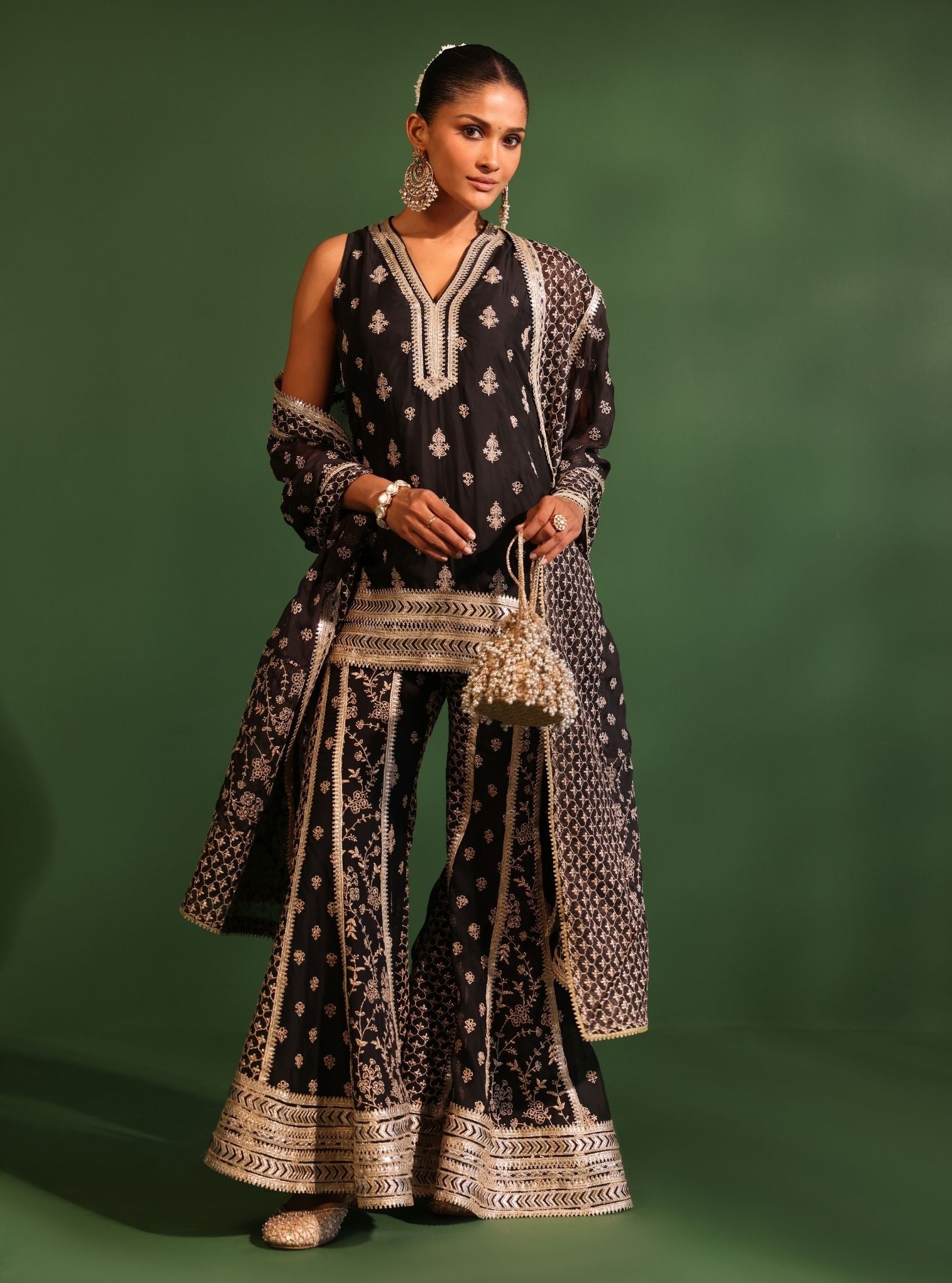 Mulmul Organza Ishq Black Kurta With Mulmul Organza Ishq Black Sharara