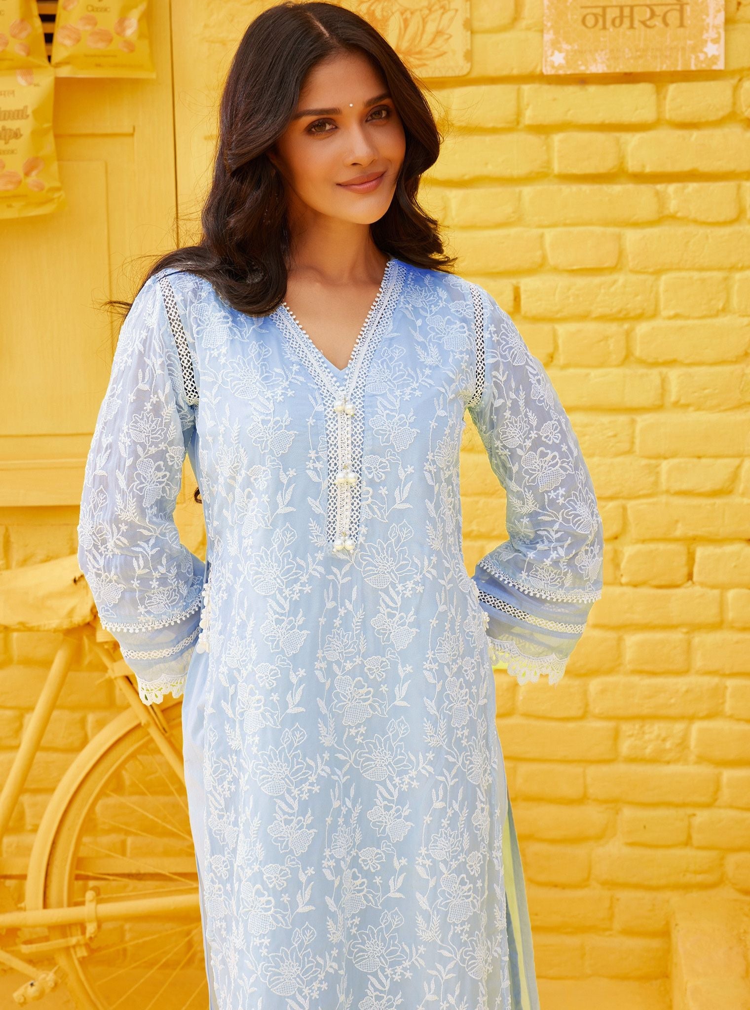 Mulmul Organza Cahya Light Blue Kurta With Mulmul Cotton Cahya Light Blue Pant