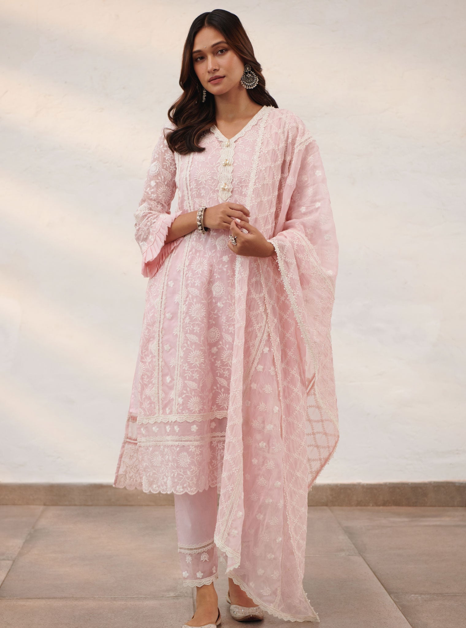 Mulmul Organza Dorset Pink Kurta With Cotton Dorset Pink Pant