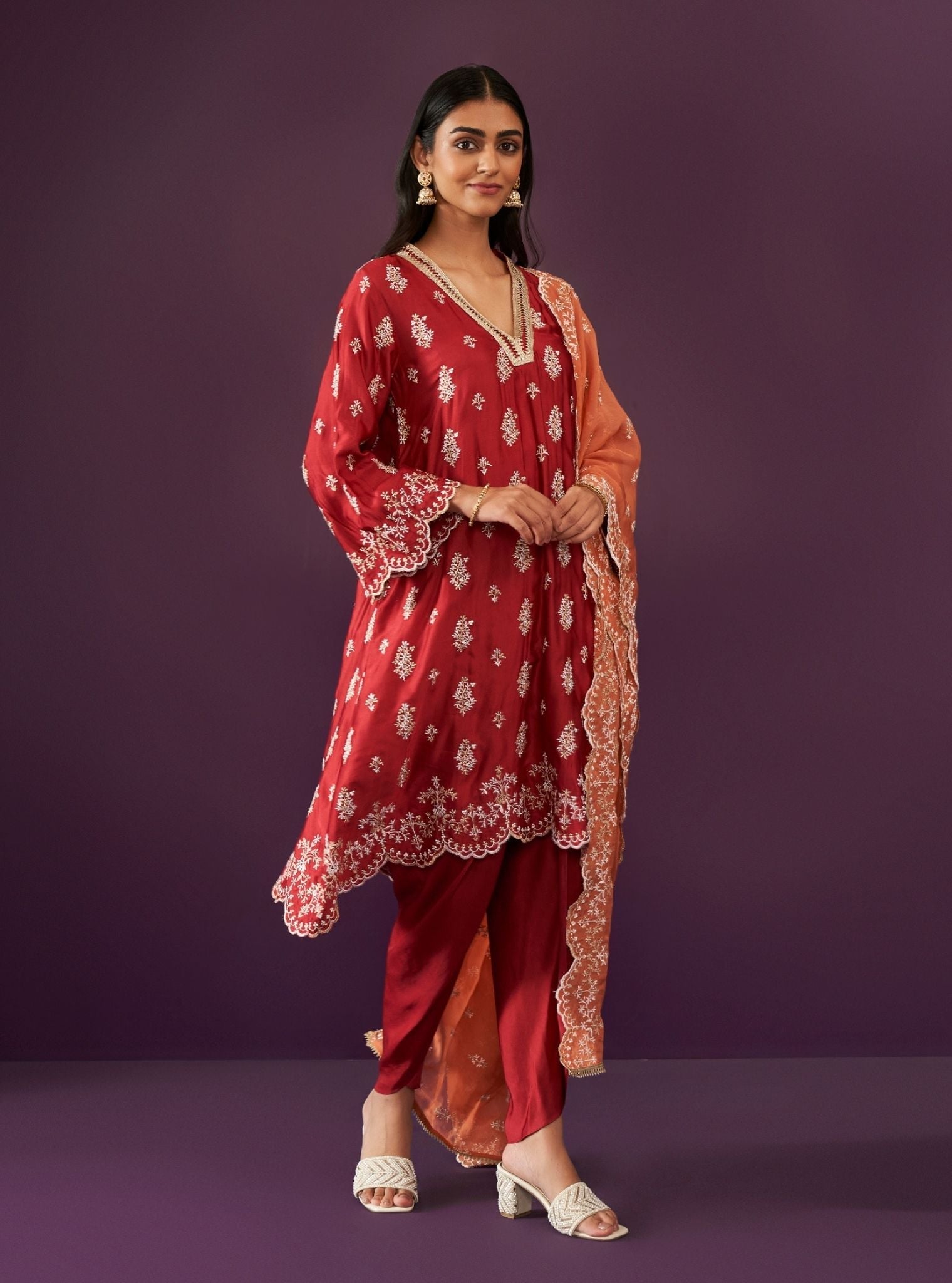 Mulmul Cupro Satin Callaia Red kurta With Mulmul Cupro Satin Callaia Red Salwar