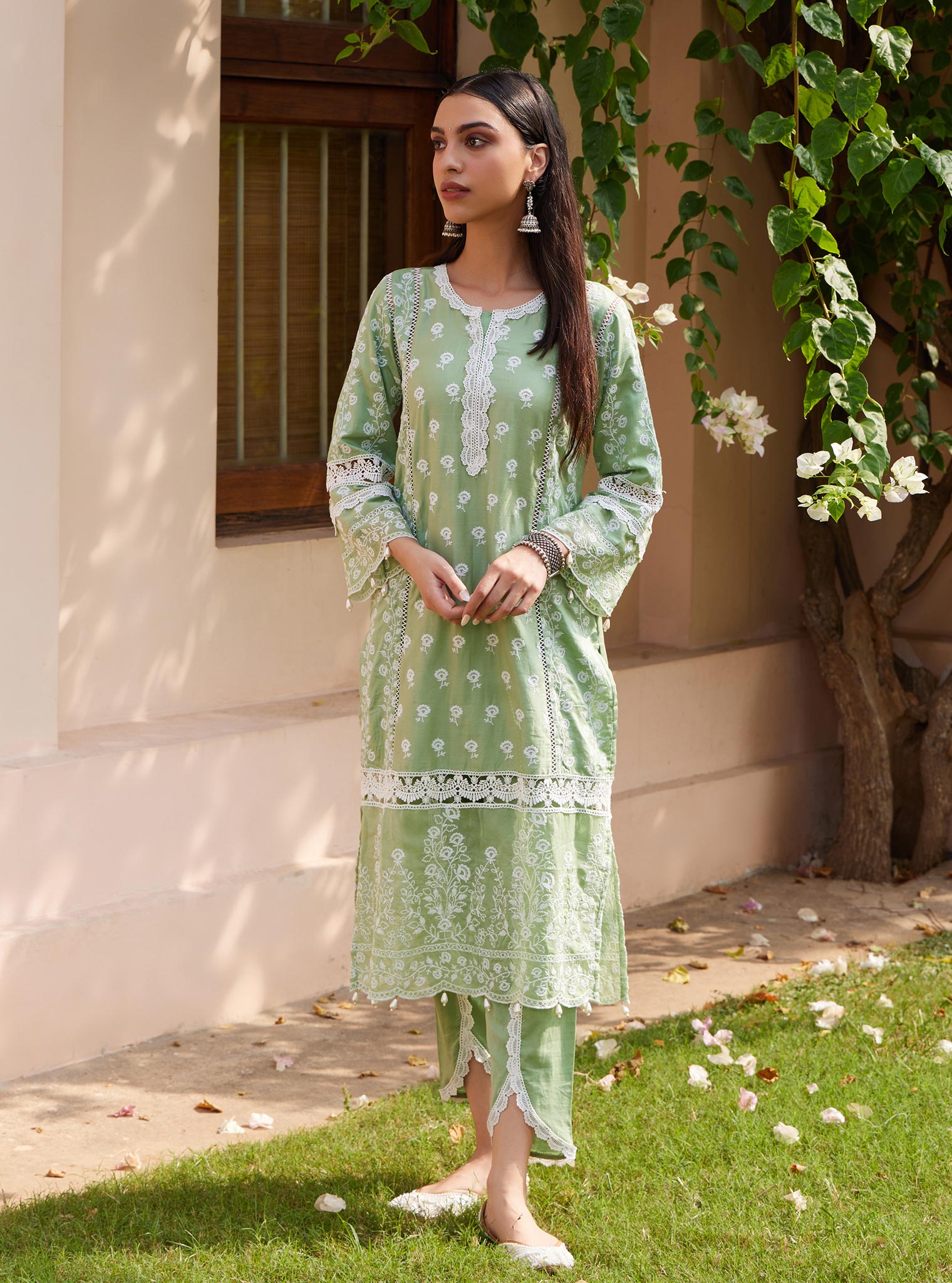 Mulmul Pima Svasti Green Kurta with Mulmul Pima Svasti Green Pant