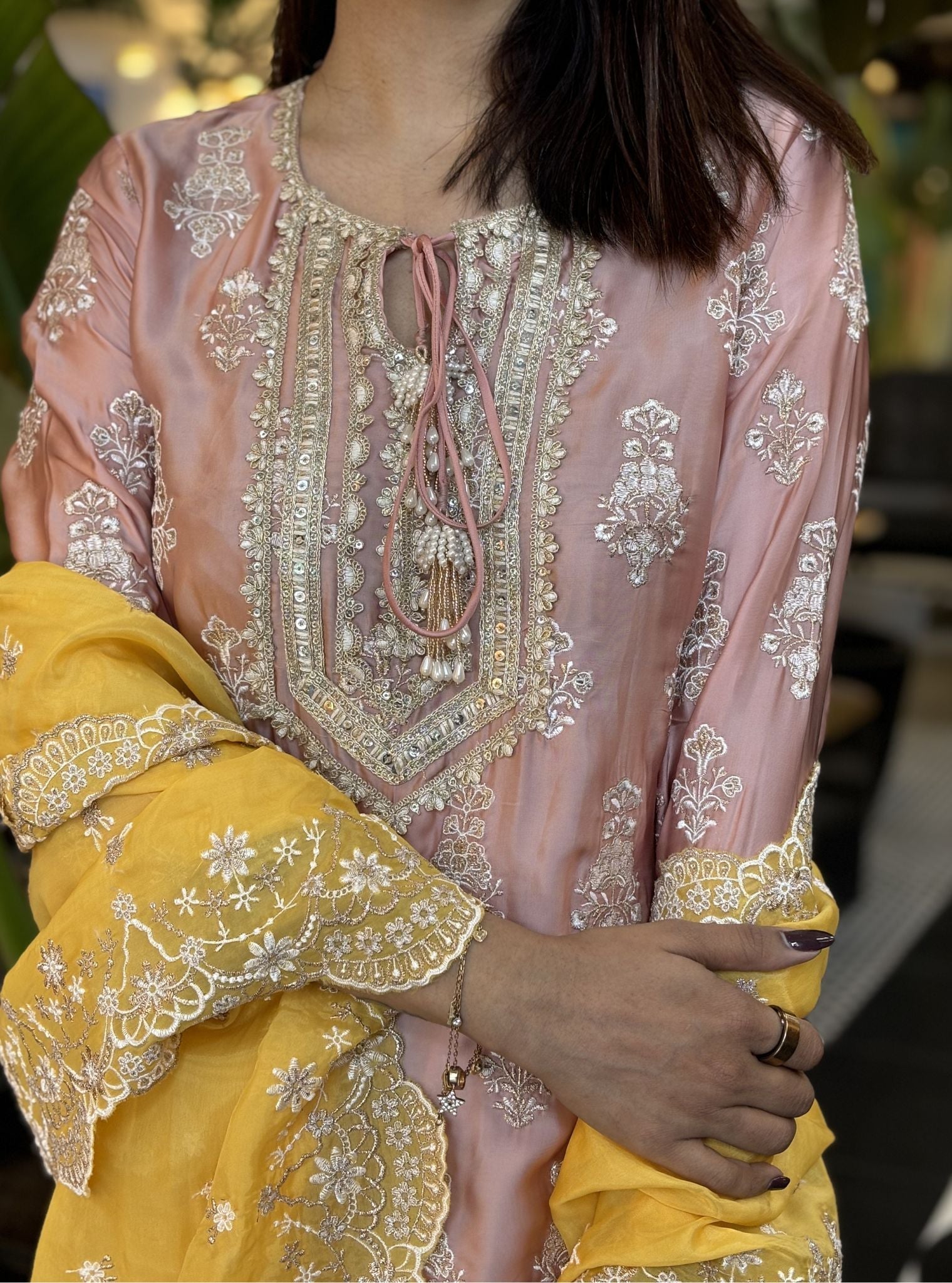 Mulmul Cupro Satin Intira Pink Kurta With Mulmul Cupro Satin Intira Pink Pant