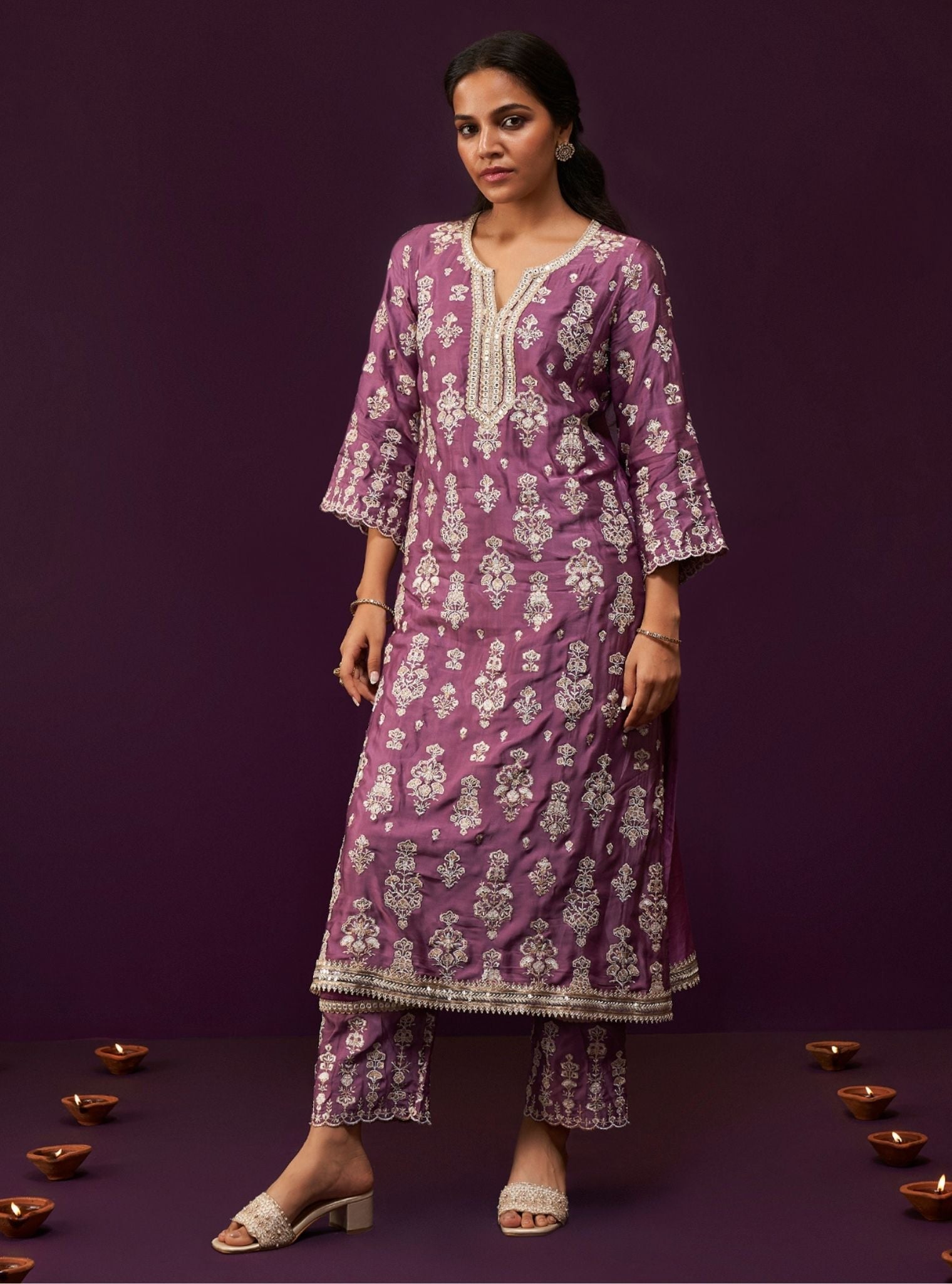 Mulmul Cupro Satin Florentina Purple Kurta With Mulmul Cupro Satin Florentina Purple Pant