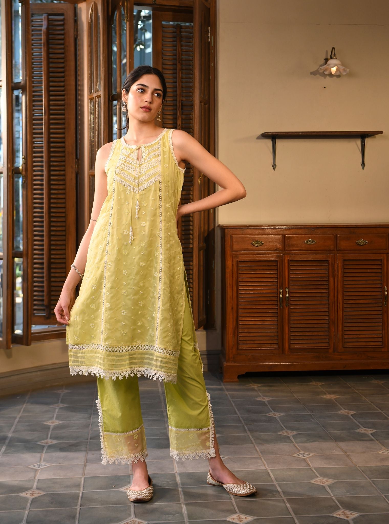 Mulmul Organza Simin Lime Kurta With Mulmul Cotton Simin Lime pant