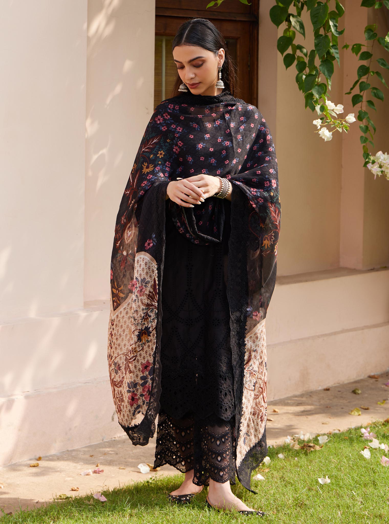 Mulmul Pima Vachi Black Kurta with Mulmul Pima Vachi Black Pant