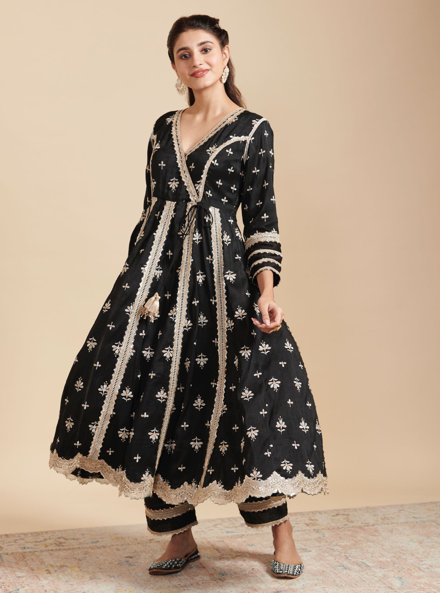 Mulmul Silk Khanak Anarkali Black Kurta With Mulmul Silk Khanak Black Pant