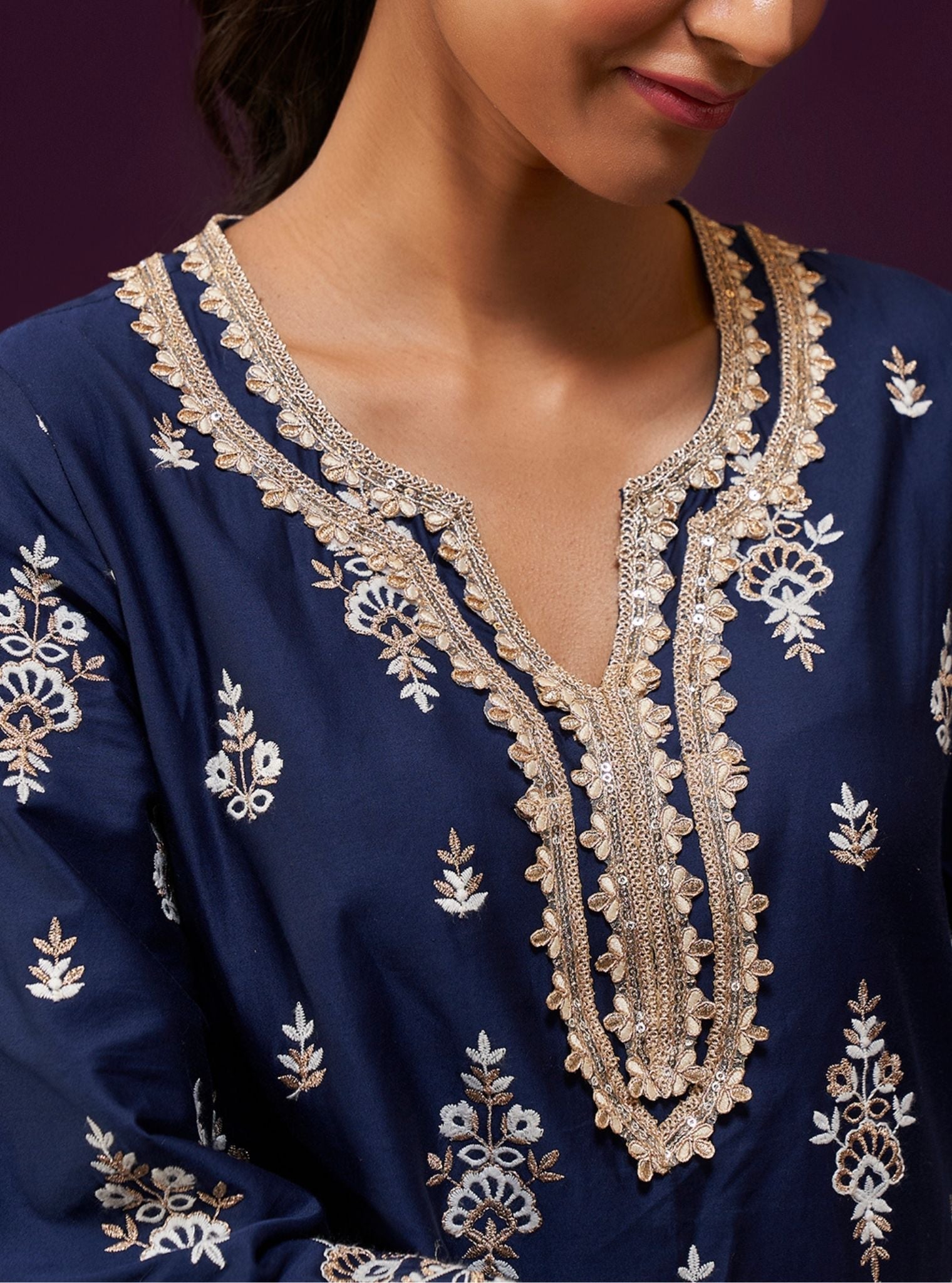 Mulmul Pima Satin Aree Navy Kurta With Mulmul Pima Satin Aree Navy Garara