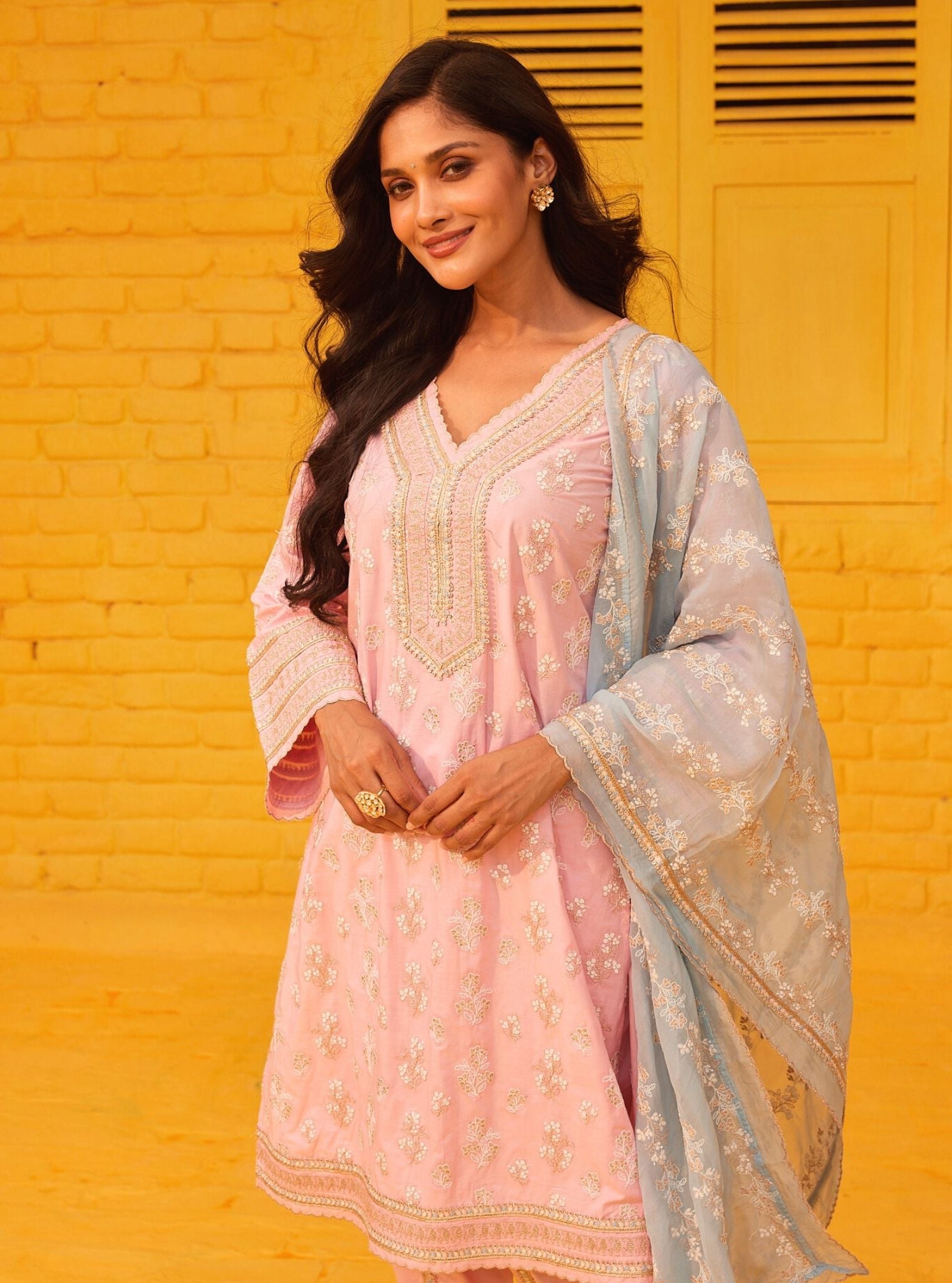 Mulmul Cotton Abria Pink Kurta With Mulmul Cotton Abria Pink Dhoti Pant