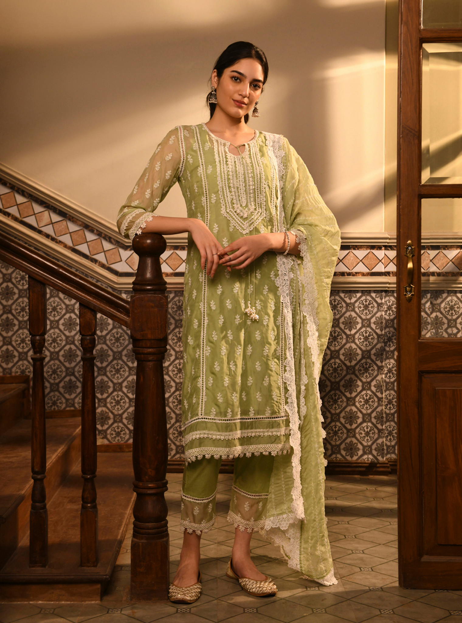 Mulmul Organza Sanaz Green Kurta With Mulmul Cotton Sanaz Green pant