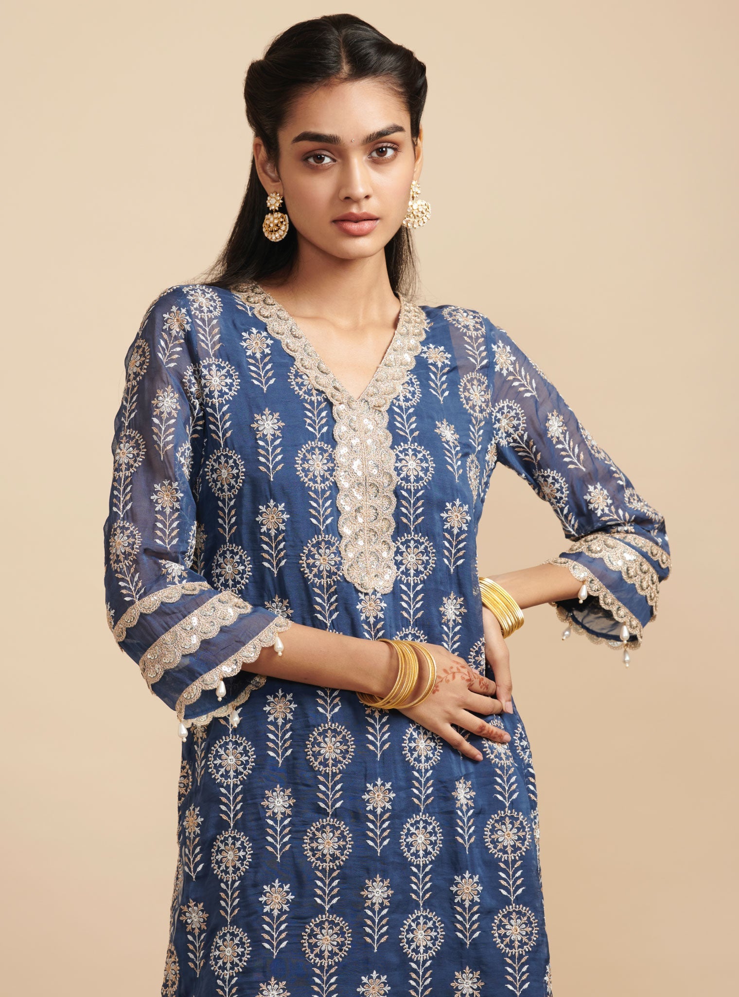 Mulmul Organza Surma Navy Kurta With Mulmul Silk Surma Navy Dhoti Pant