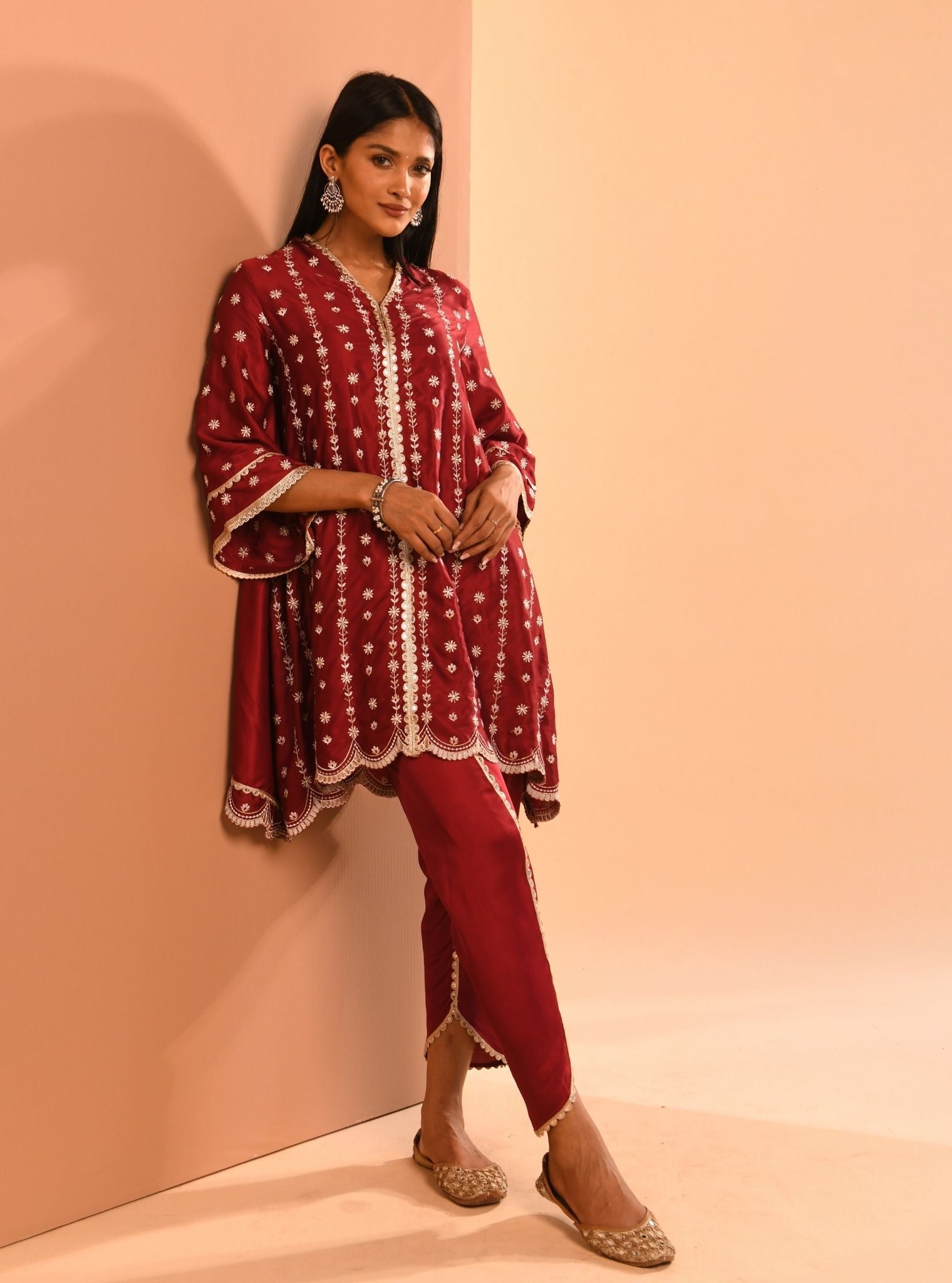 Mulmul Cupro Amara Wine Kurta With Mulmul Cupro Amara Wine Dhoti Pant