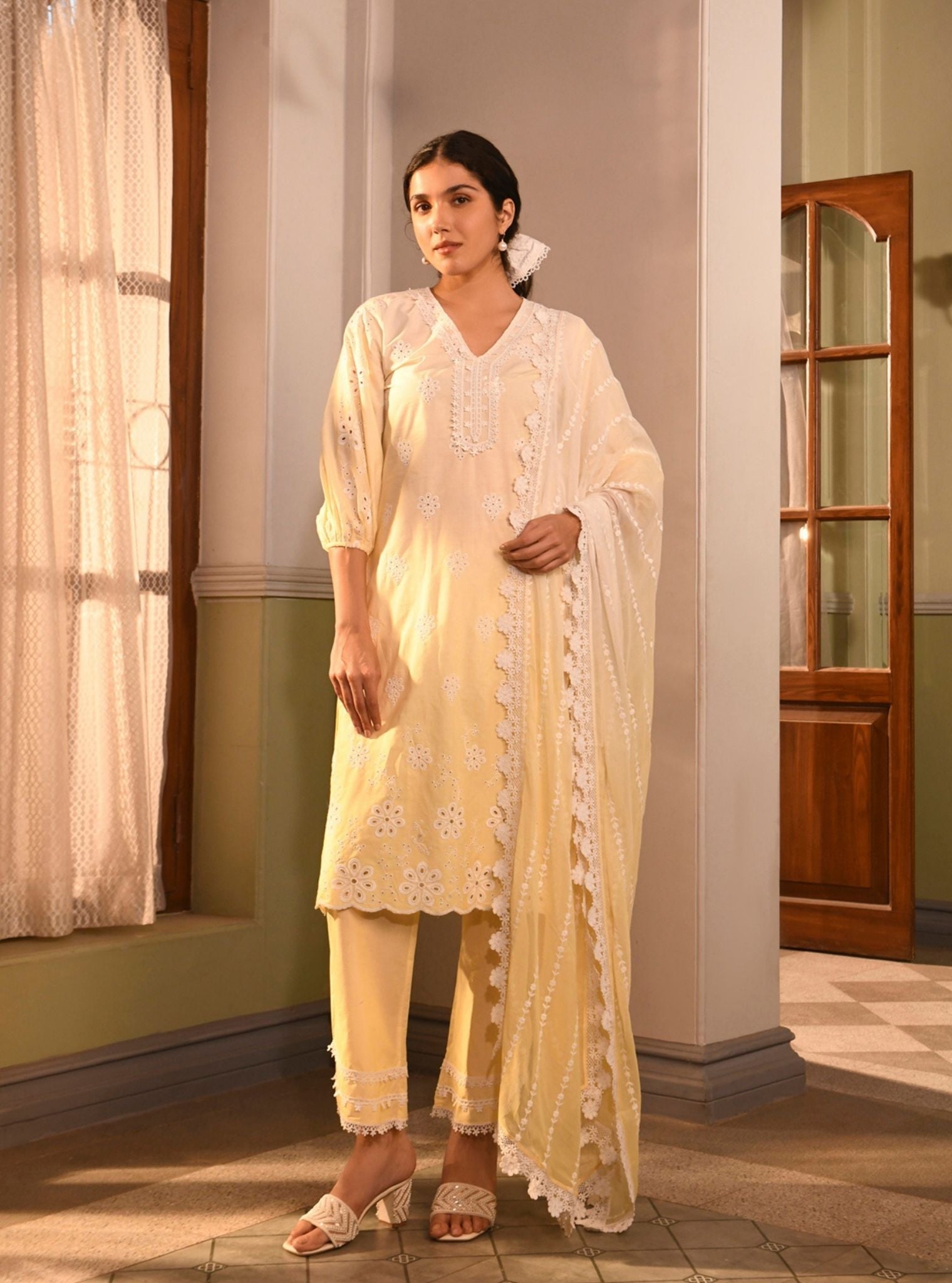 Mulmul Cotton Malta Yellow Kurta With Mulmul Cotton Malta Yellow Pant